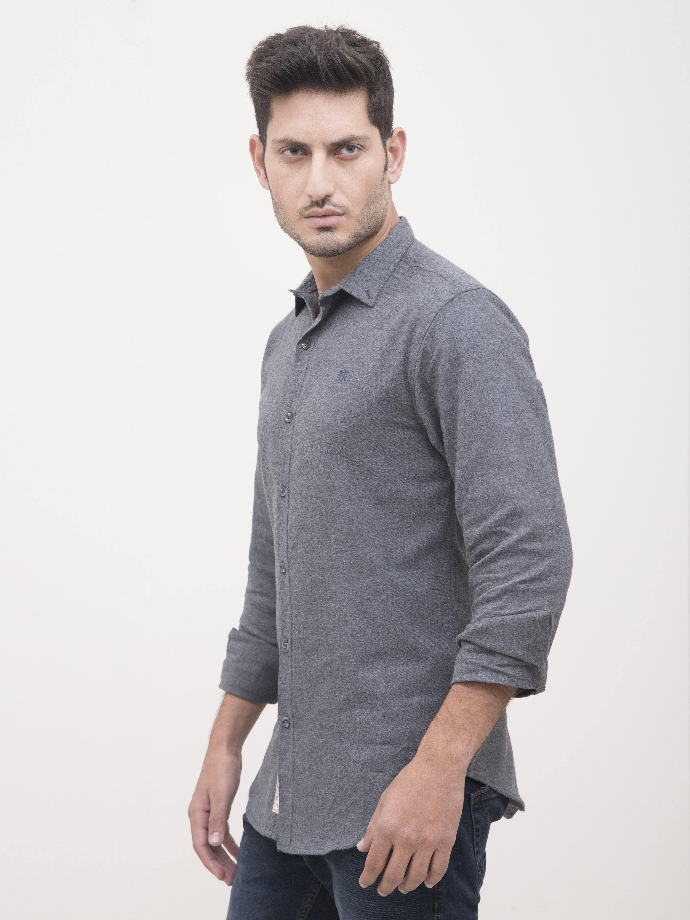 Grey casual full-sleeve shirt front with button-down collar and long sleeves