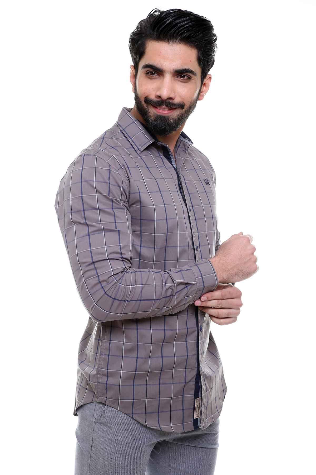 Grey plaid full-sleeve shirt, button front, pointed collar; side view
