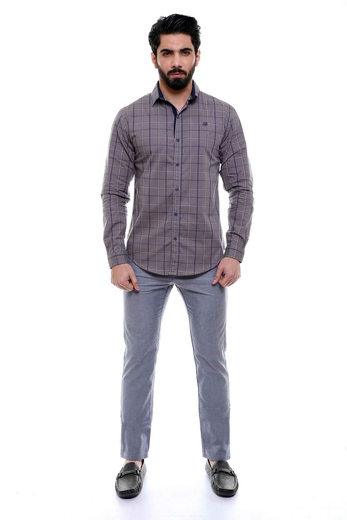 Grey plaid casual full-sleeve shirt with button front and pointed collar