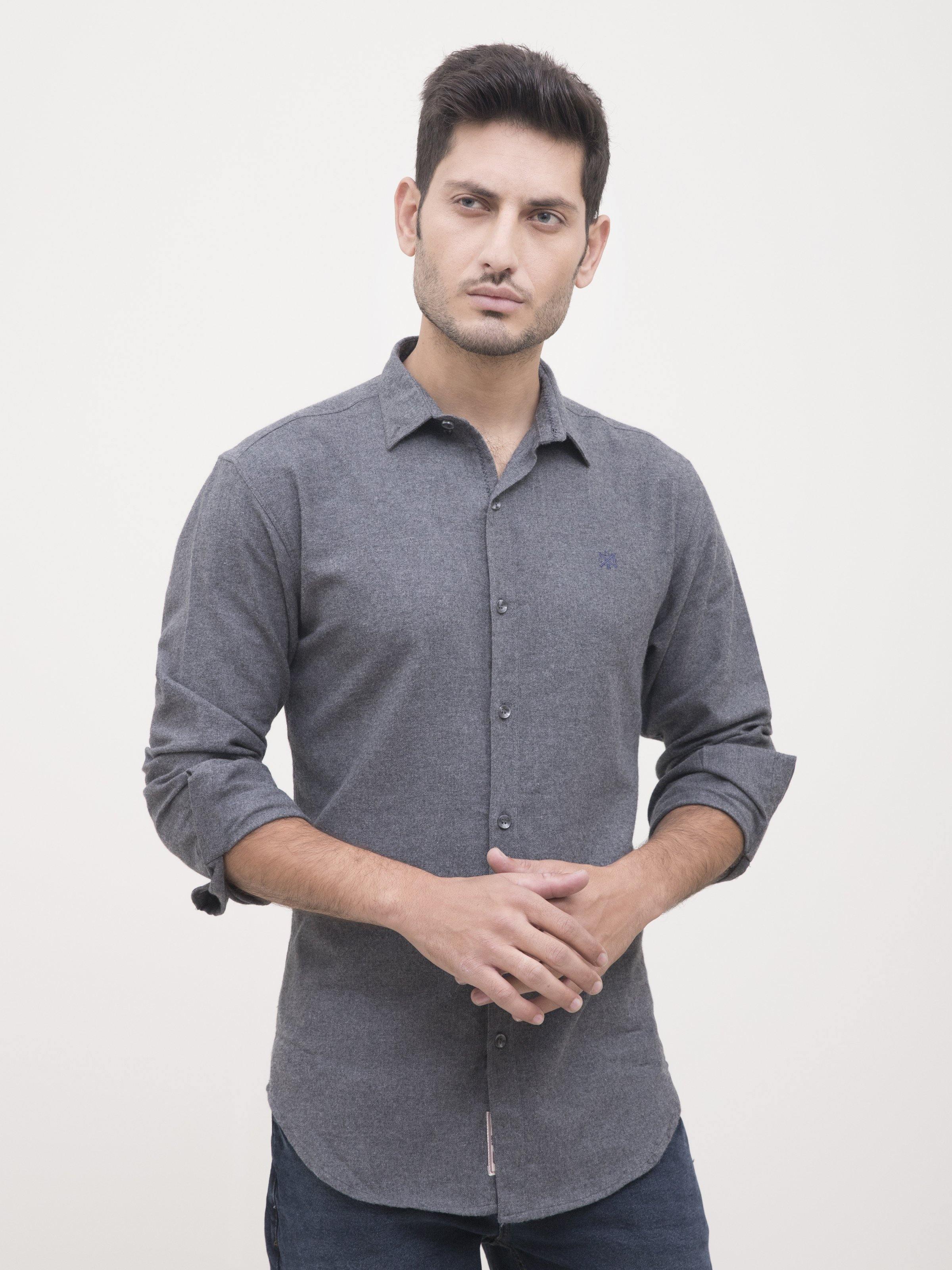 Men's grey casual full-sleeve shirt with button-front and pointed collar