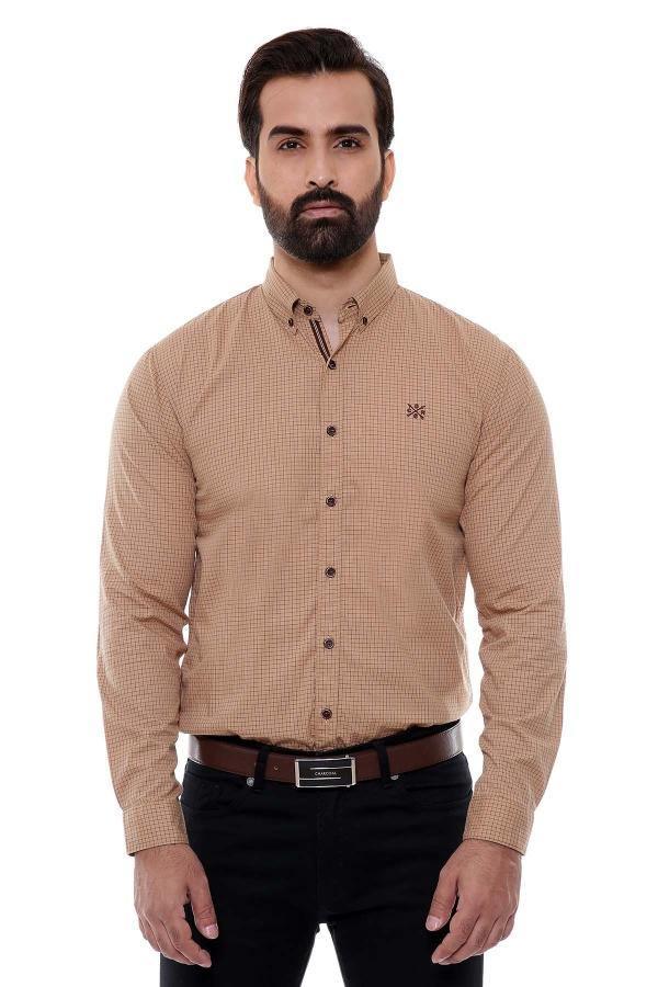 Slim-fit full-sleeve casual shirt, khaki grid pattern with button front and stand collar