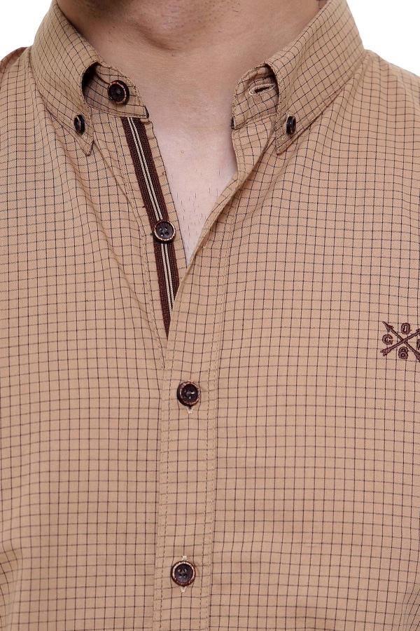 Khaki grid casual shirt close-up: stand collar, buttoned placket, and small chest emblem
