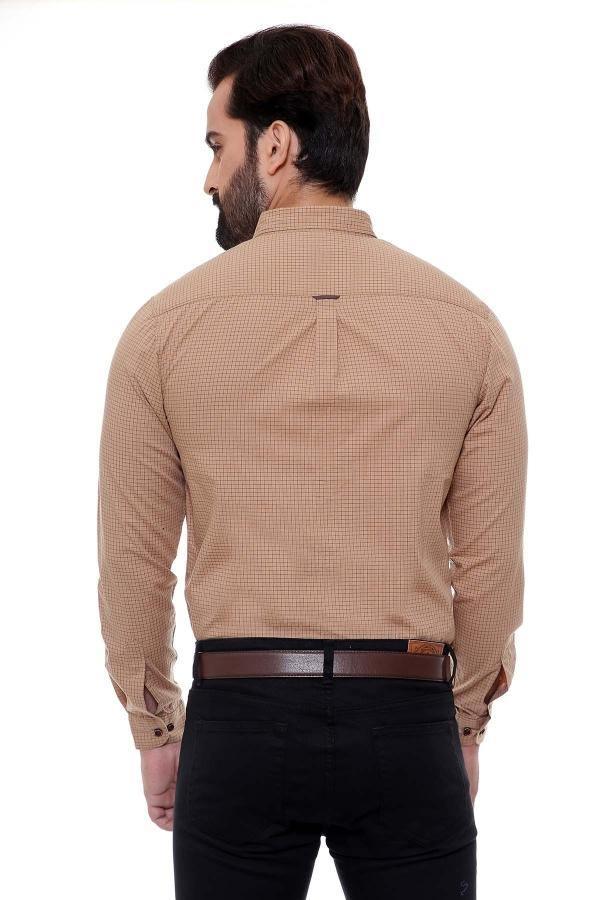 Slim-fit full-sleeve casual shirt from back, khaki grid pattern with button placket and yoke