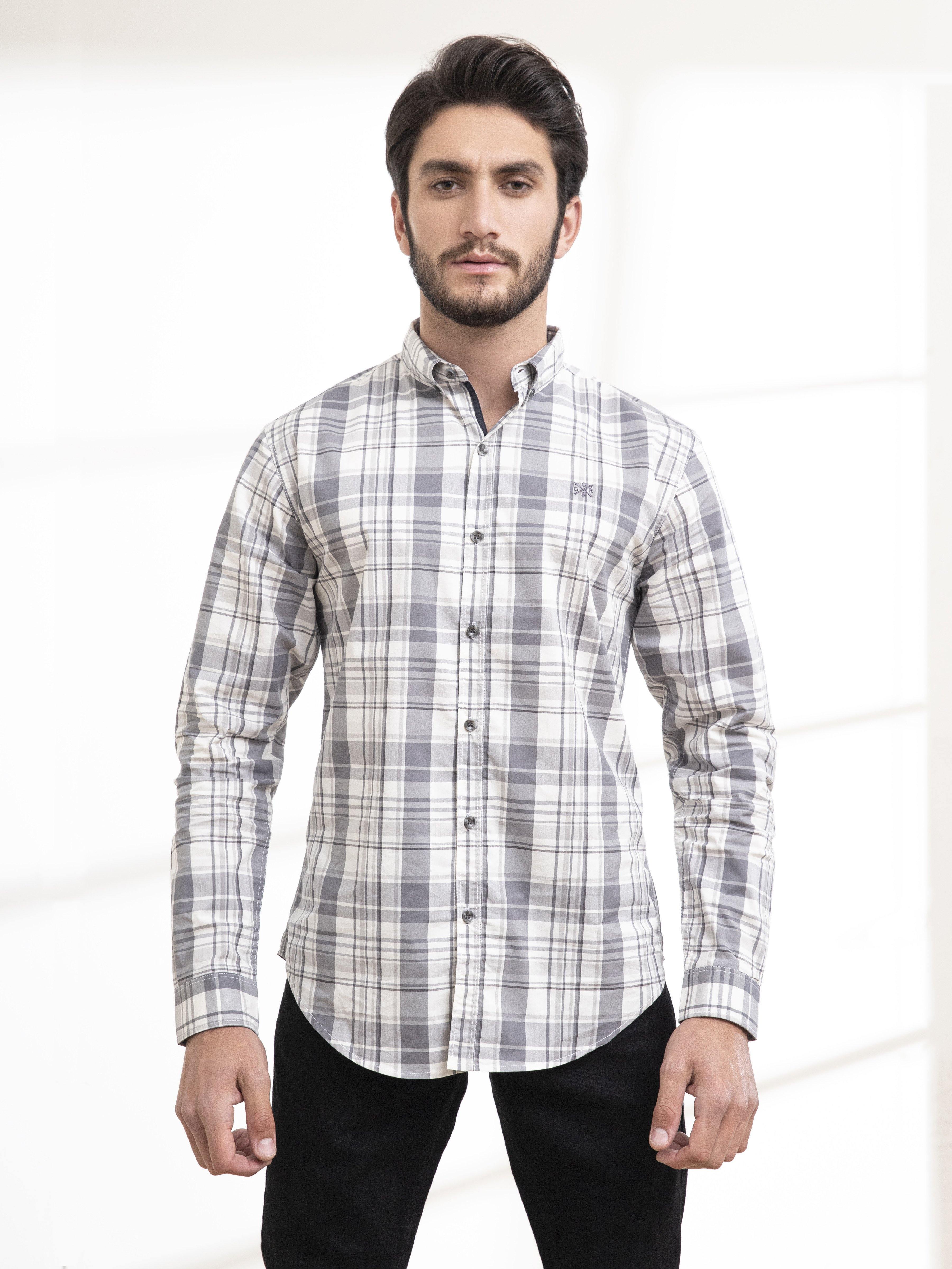 Light grey plaid button-down casual shirt with long sleeves and chest pocket