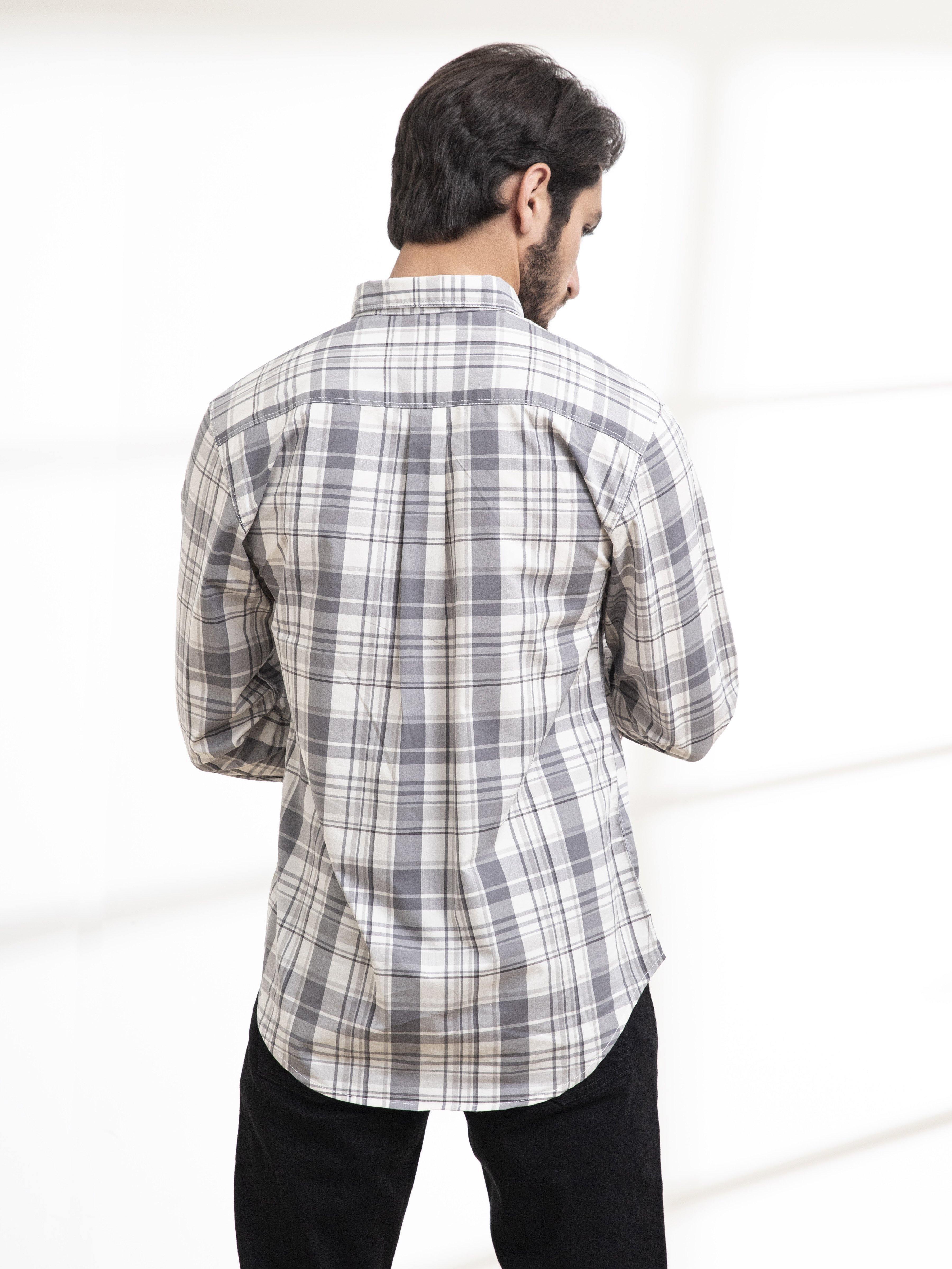 Light grey plaid button-down casual shirt with long sleeves, back view