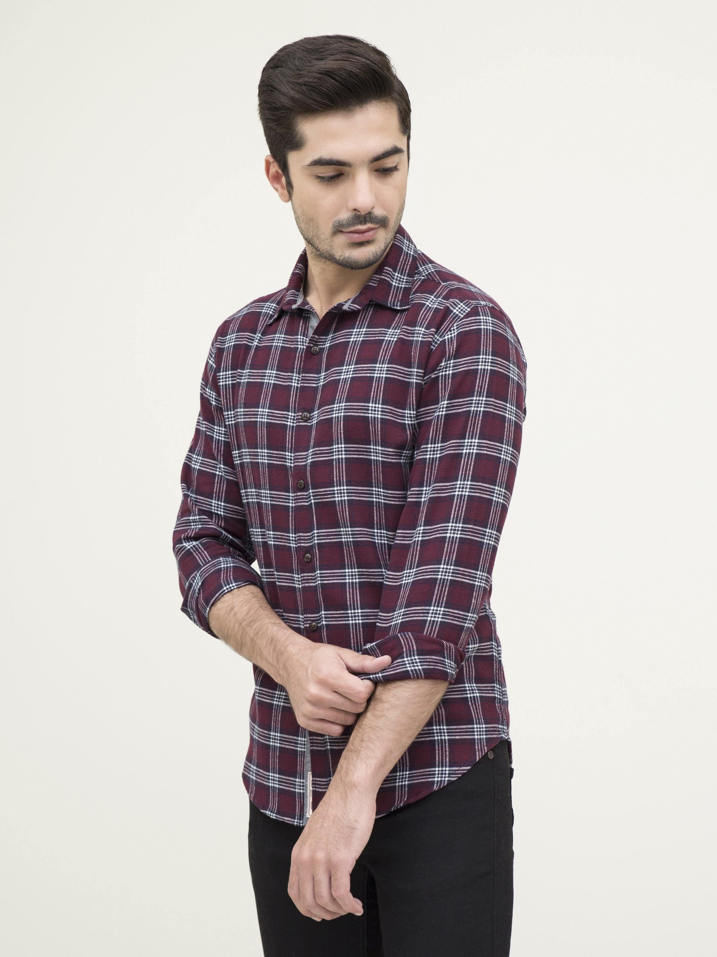 Maroon plaid full-sleeve button-up shirt with spread collar