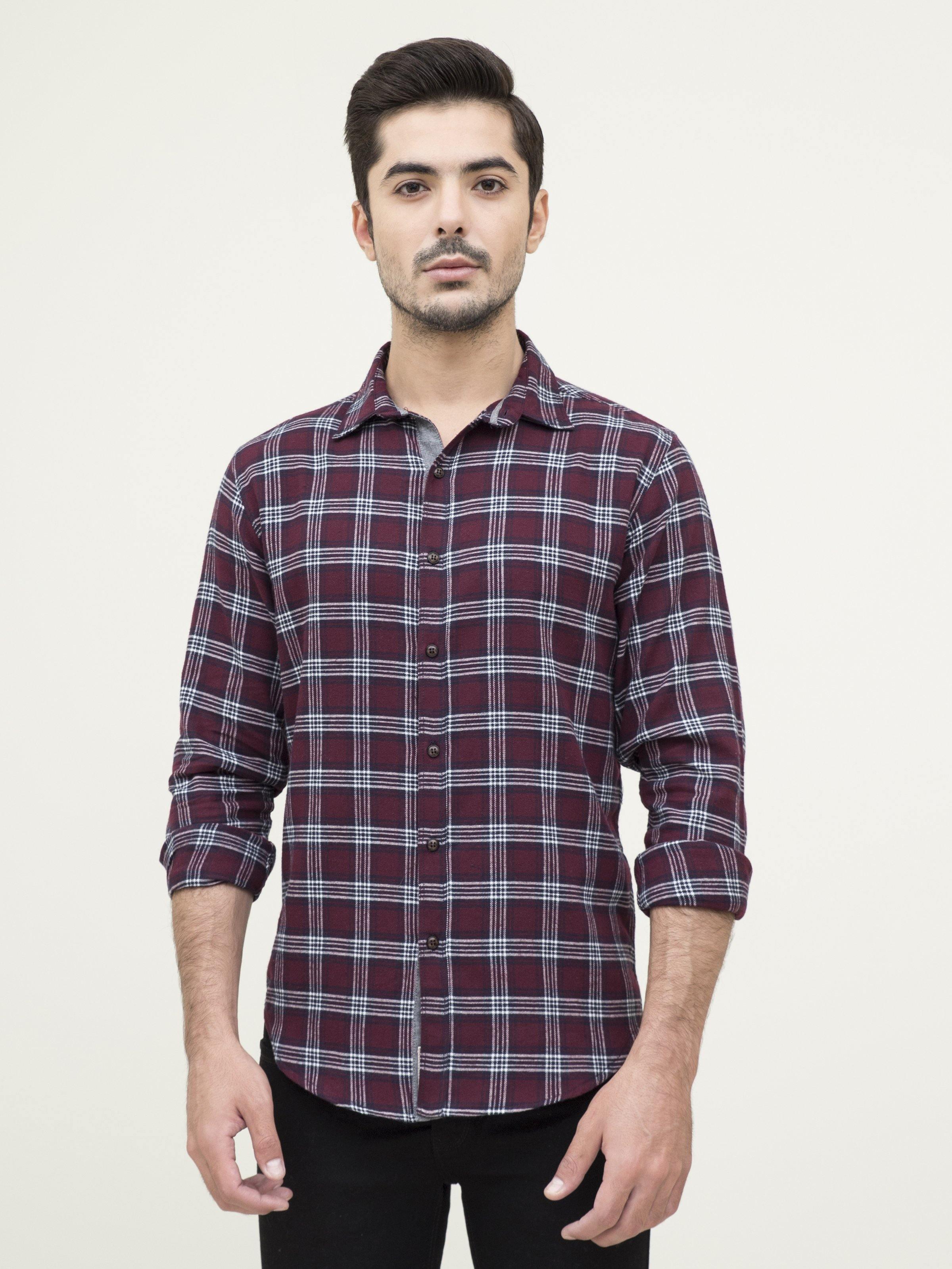 Maroon plaid full-sleeve button-up shirt, front view