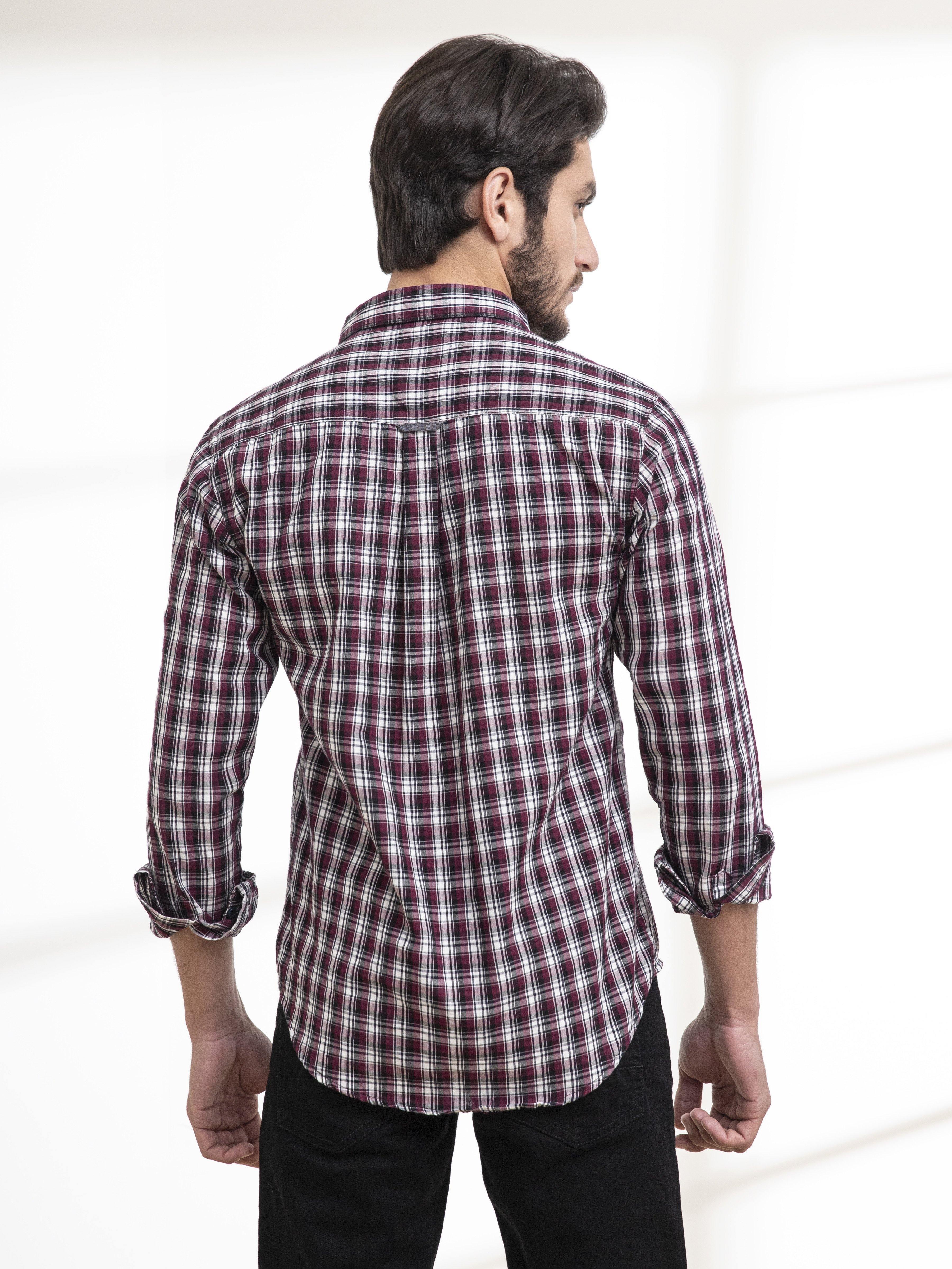Maroon and black checkered casual shirt, full sleeves, back view