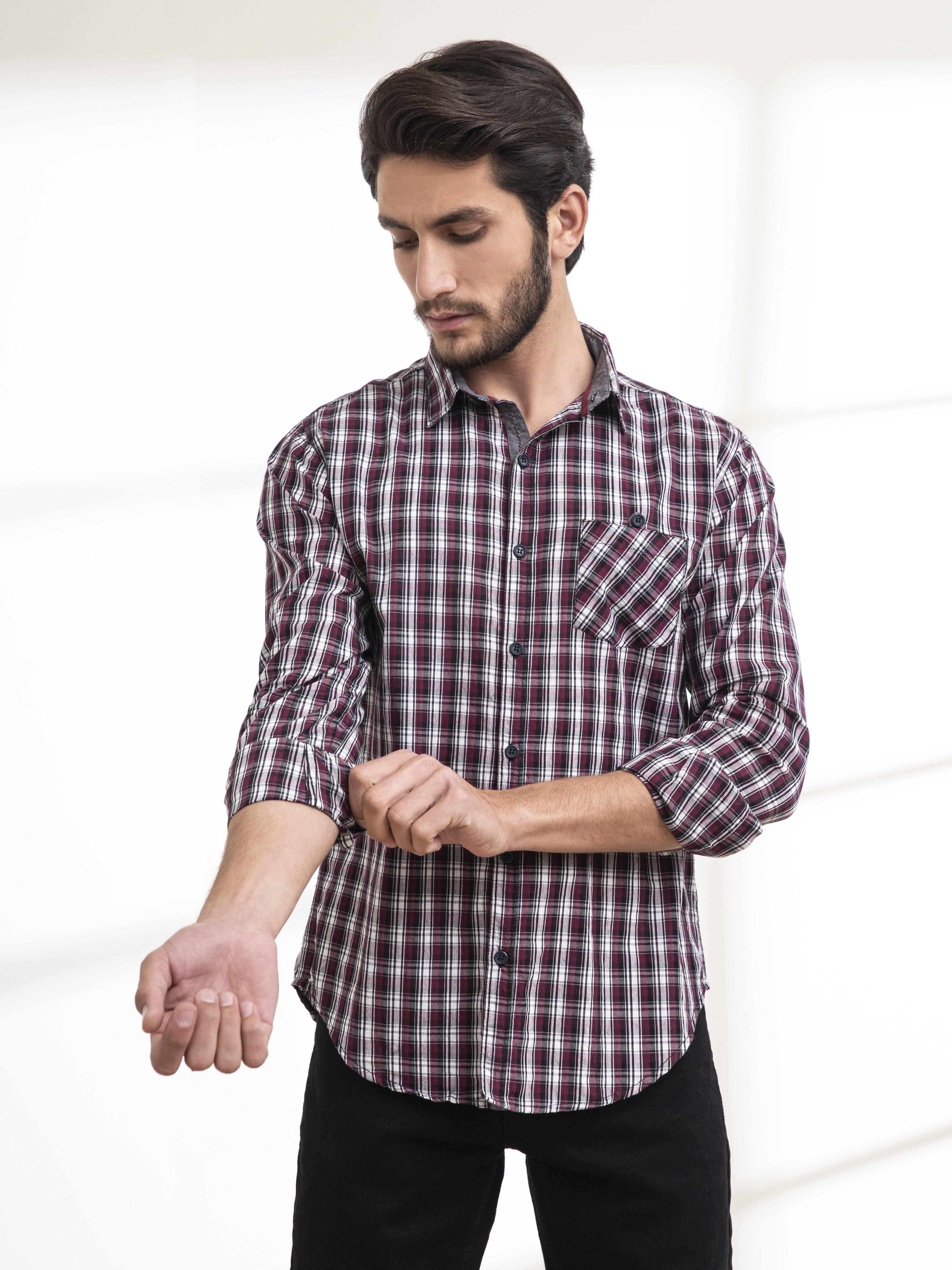 Maroon/black checkered full-sleeve button-up casual shirt with chest pocket