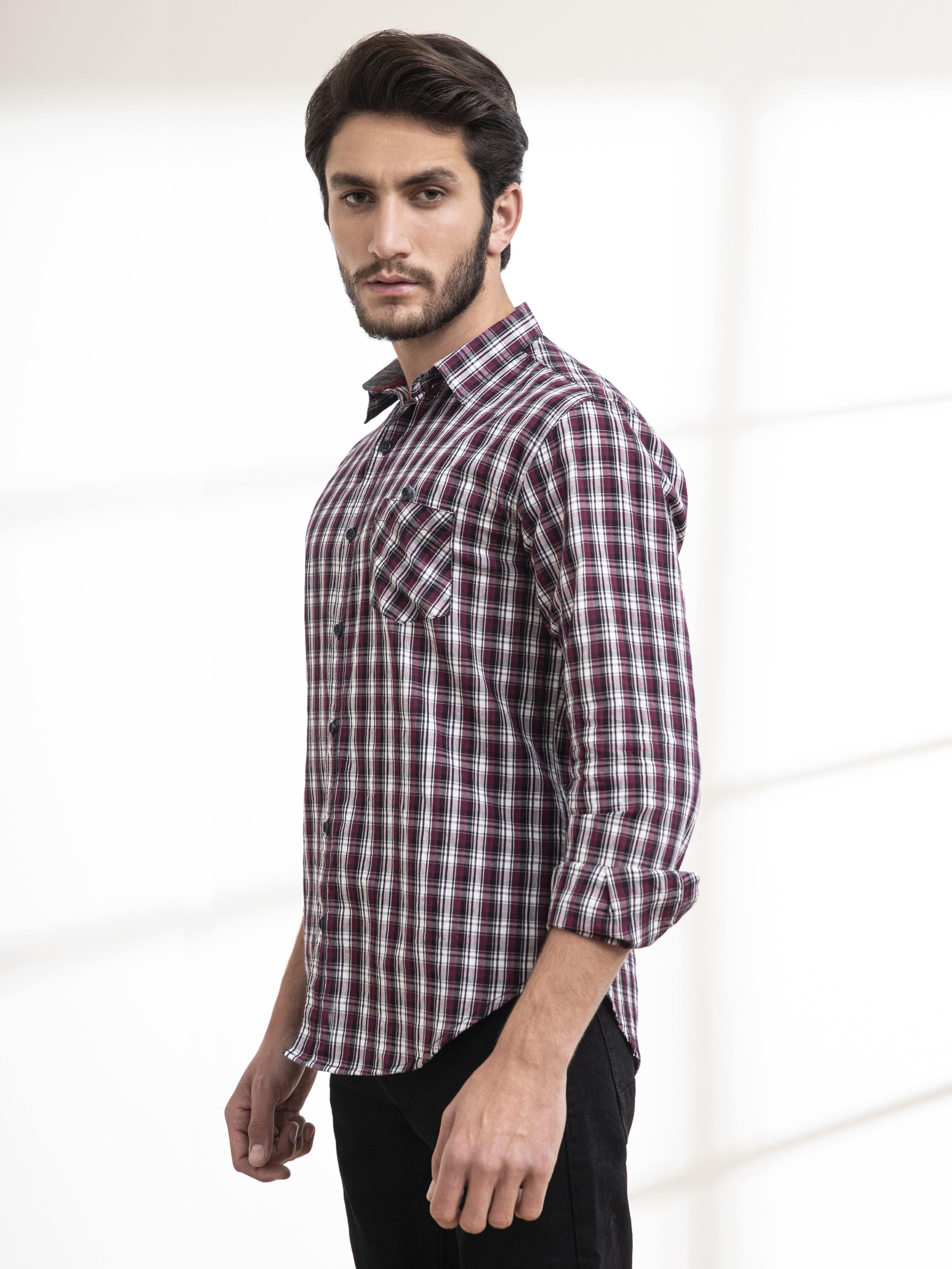 Maroon and black checkered full-sleeve button-up casual shirt, side view
