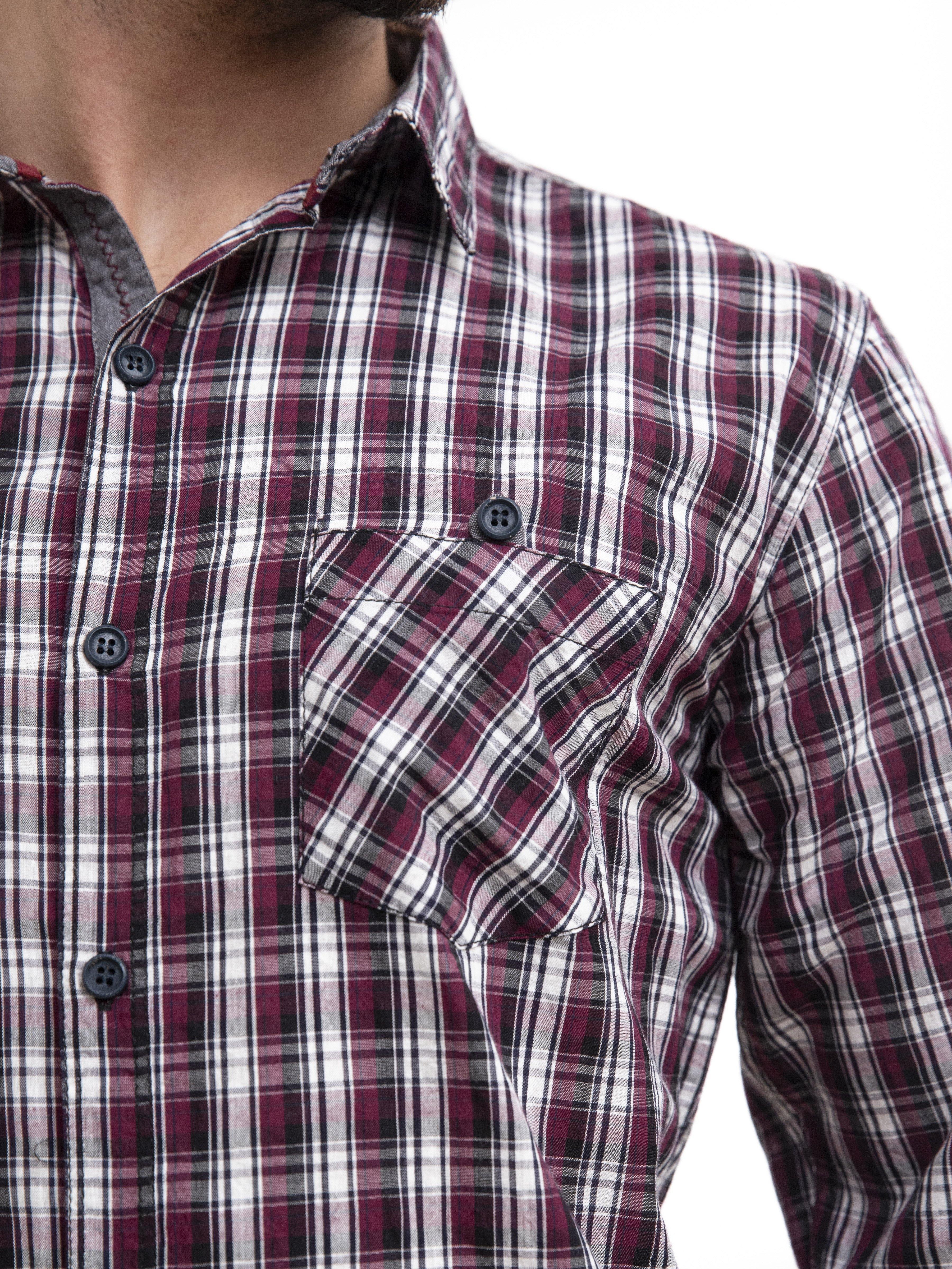 Maroon and black checkered shirt front with button placket and chest pocket