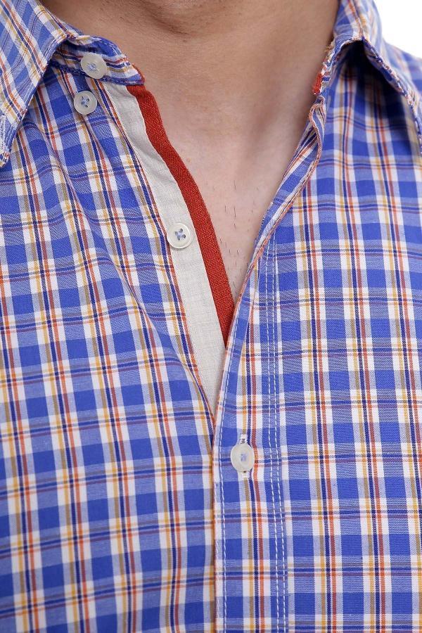 Casual check shirt close-up: button placket and point collar, blue and maroon