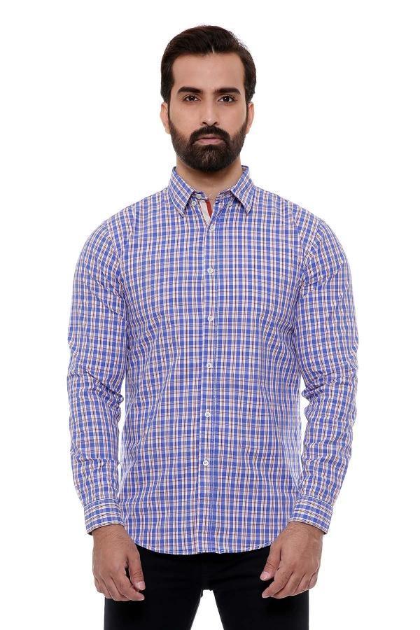 Slim-fit casual full-sleeve shirt, blue and maroon check, button-down collar