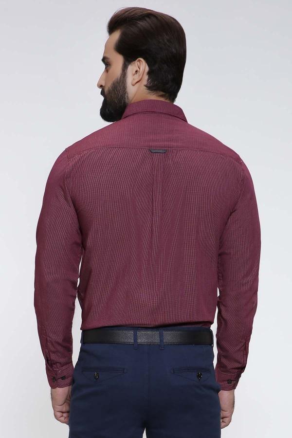 Maroon slim-fit casual shirt, back view, long sleeves and button placket