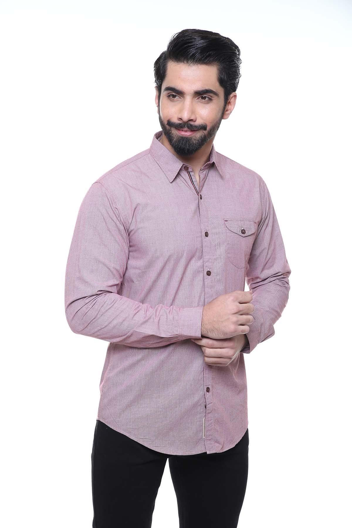 Slim-fit long-sleeve shirt with pointed collar, button front, chest pocket, dark red