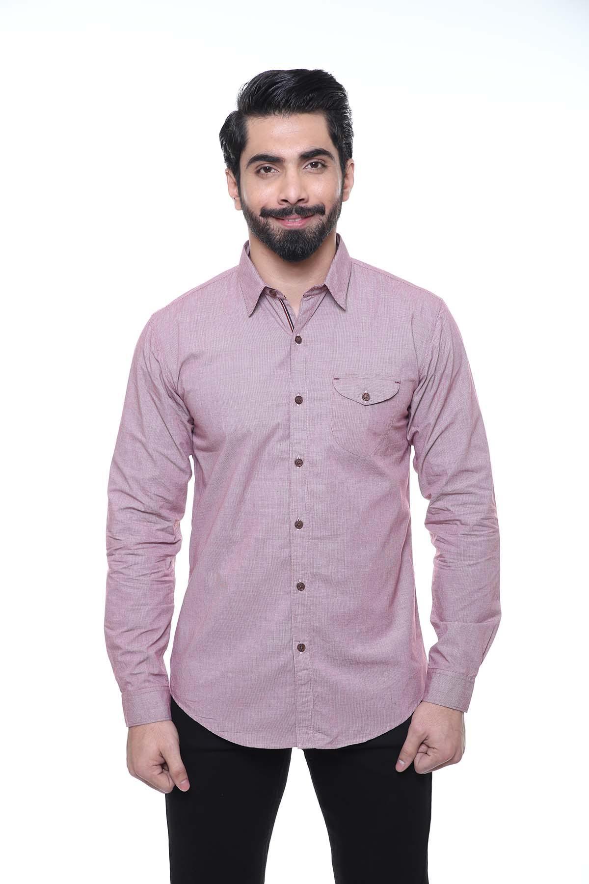 Slim-fit long-sleeve casual shirt, button front and chest pocket, dark red