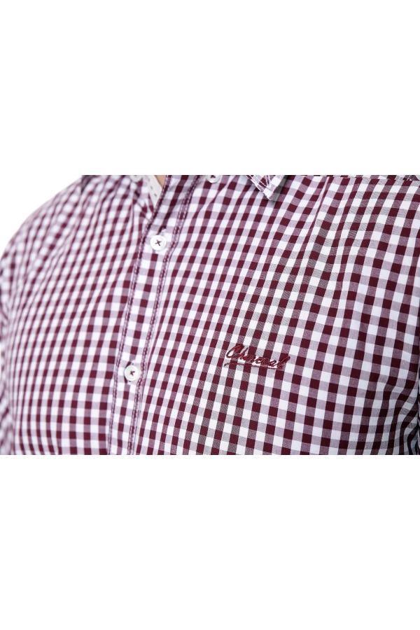 Maroon and white check shirt chest pocket with logo patch, button placket