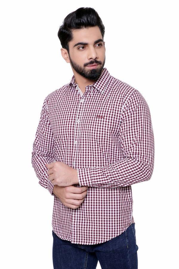 Casual full-sleeve maroon-and-white check shirt, long sleeves and button-front