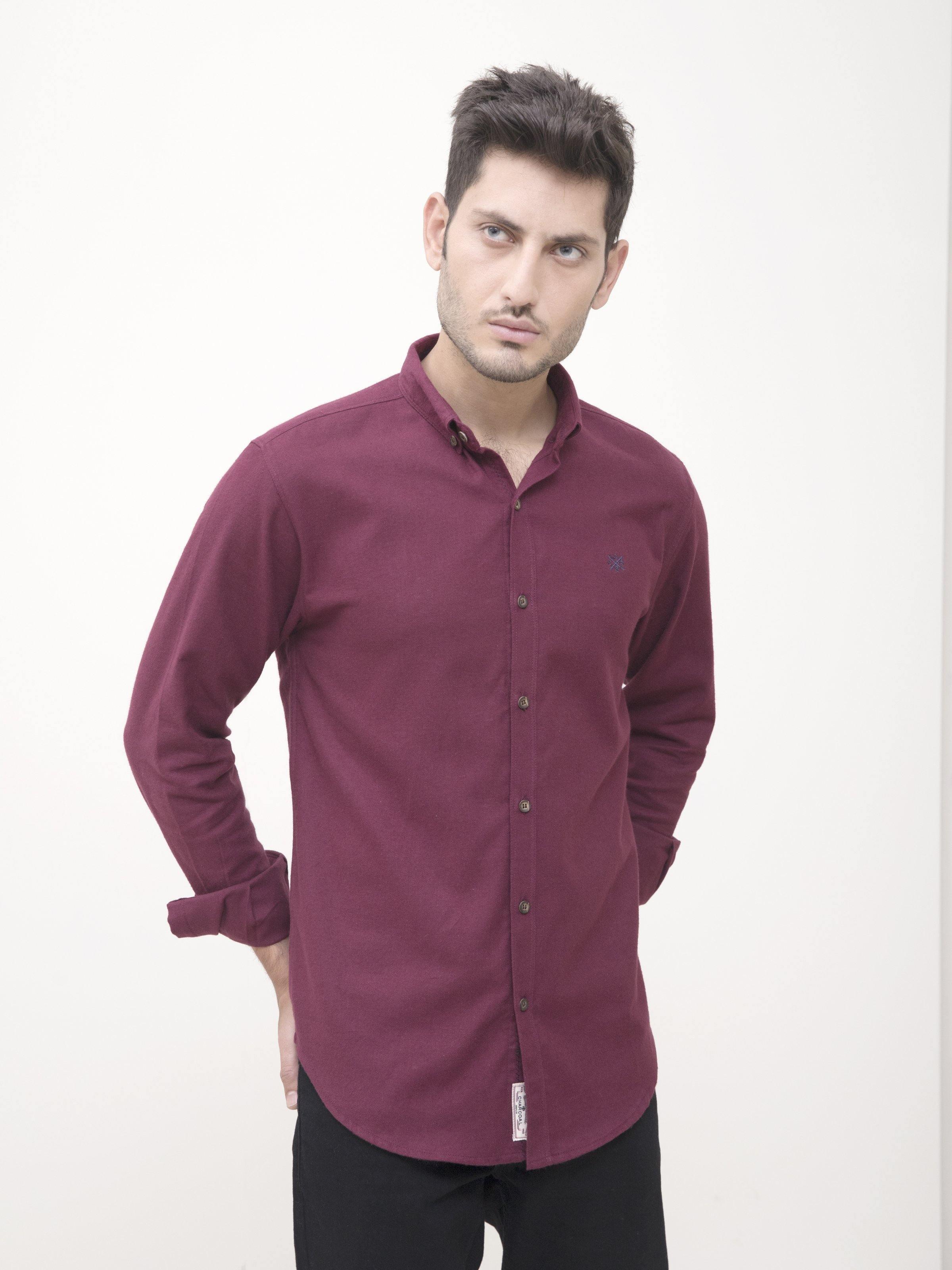 Maroon casual full-sleeve button-up shirt, stand collar and long sleeves