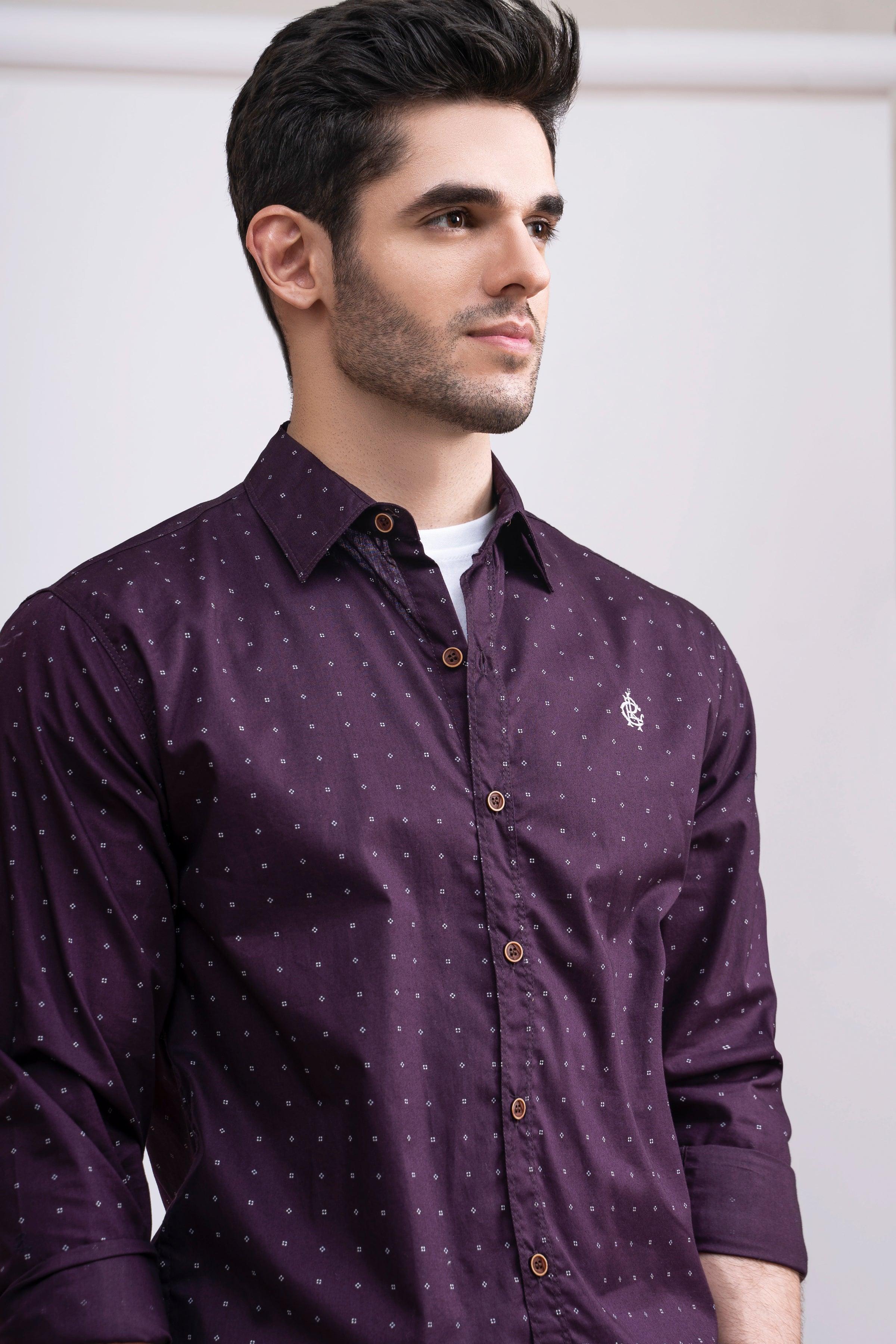 Men's maroon button-up shirt close-up with dotted pattern and buttoned collar