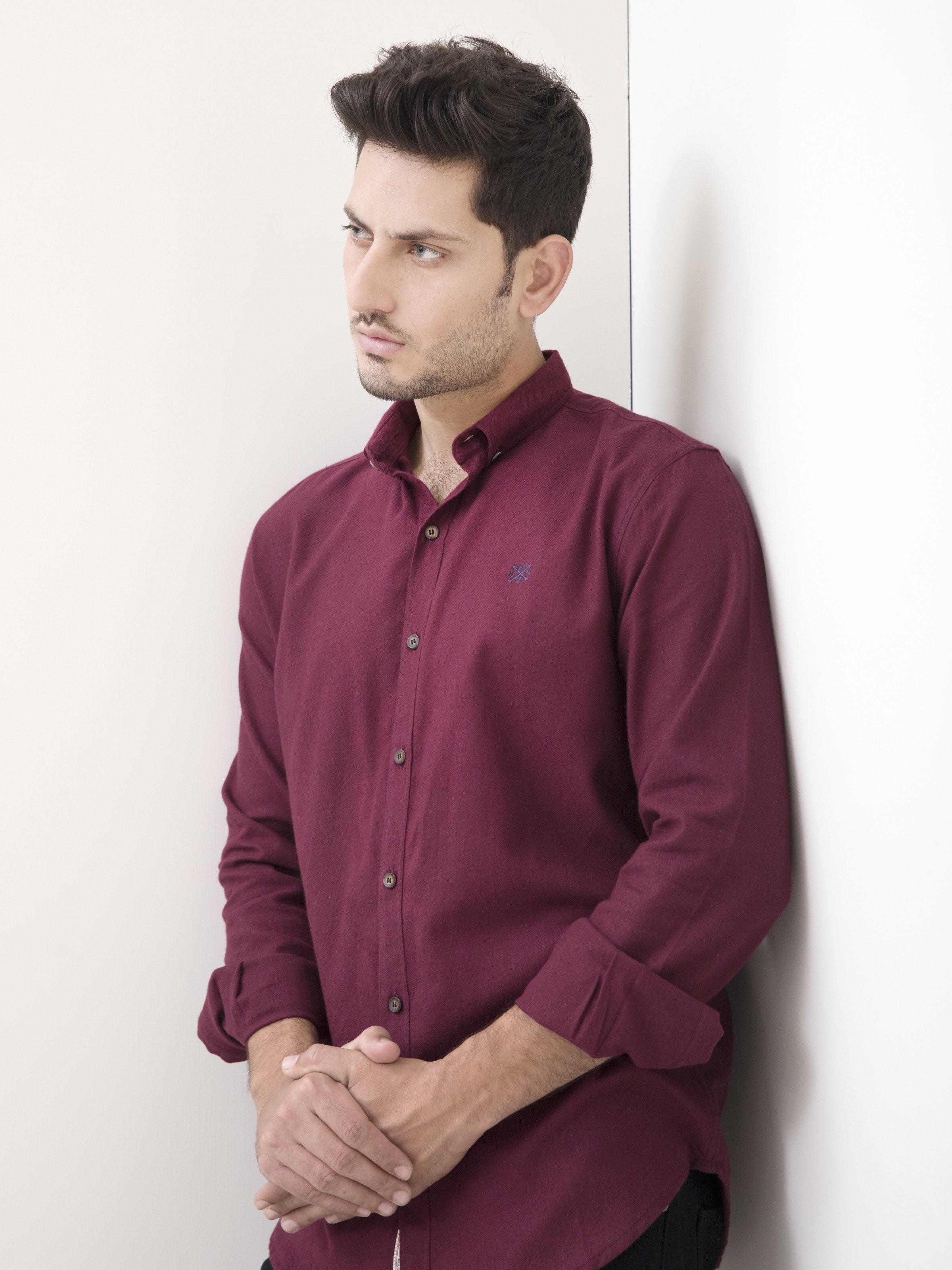 Maroon casual full-sleeve shirt with button front, chest logo and cuffs