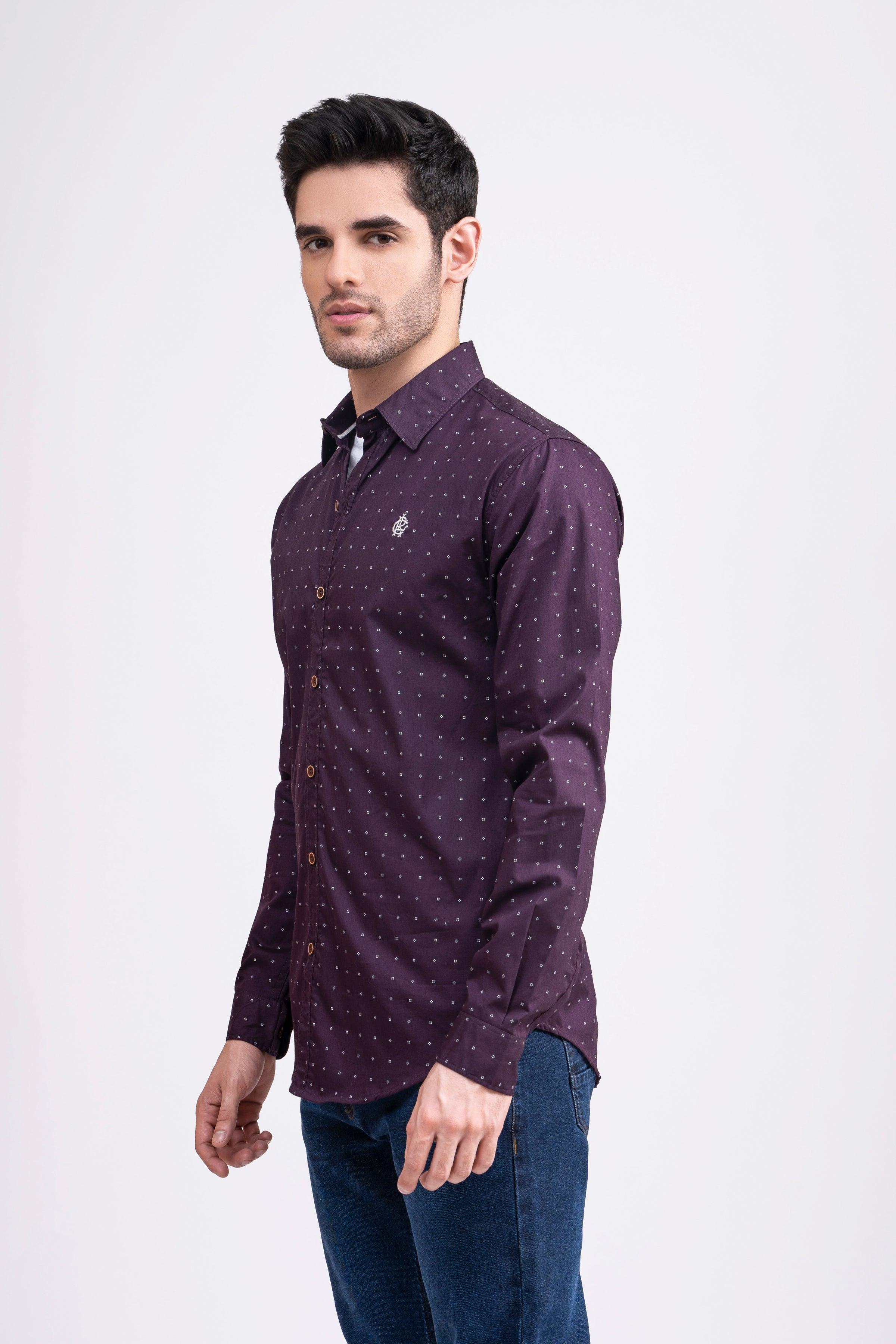 Men's maroon button-up shirt with small dot pattern, full sleeves, side view