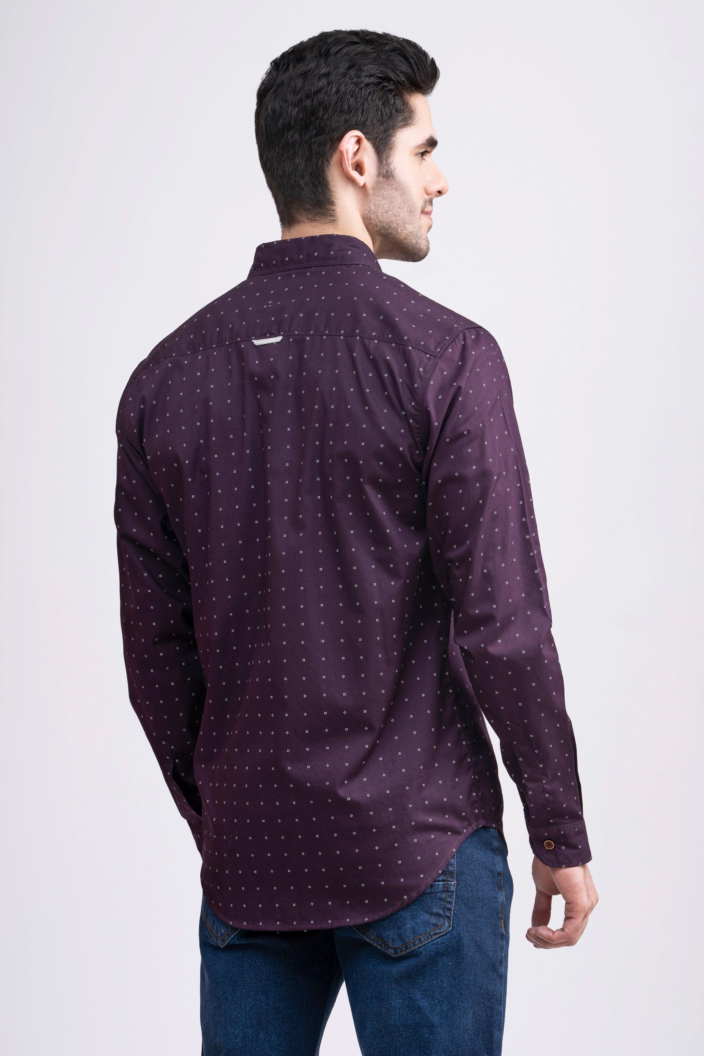 Men's maroon full-sleeve button-up shirt with dotted pattern, back view