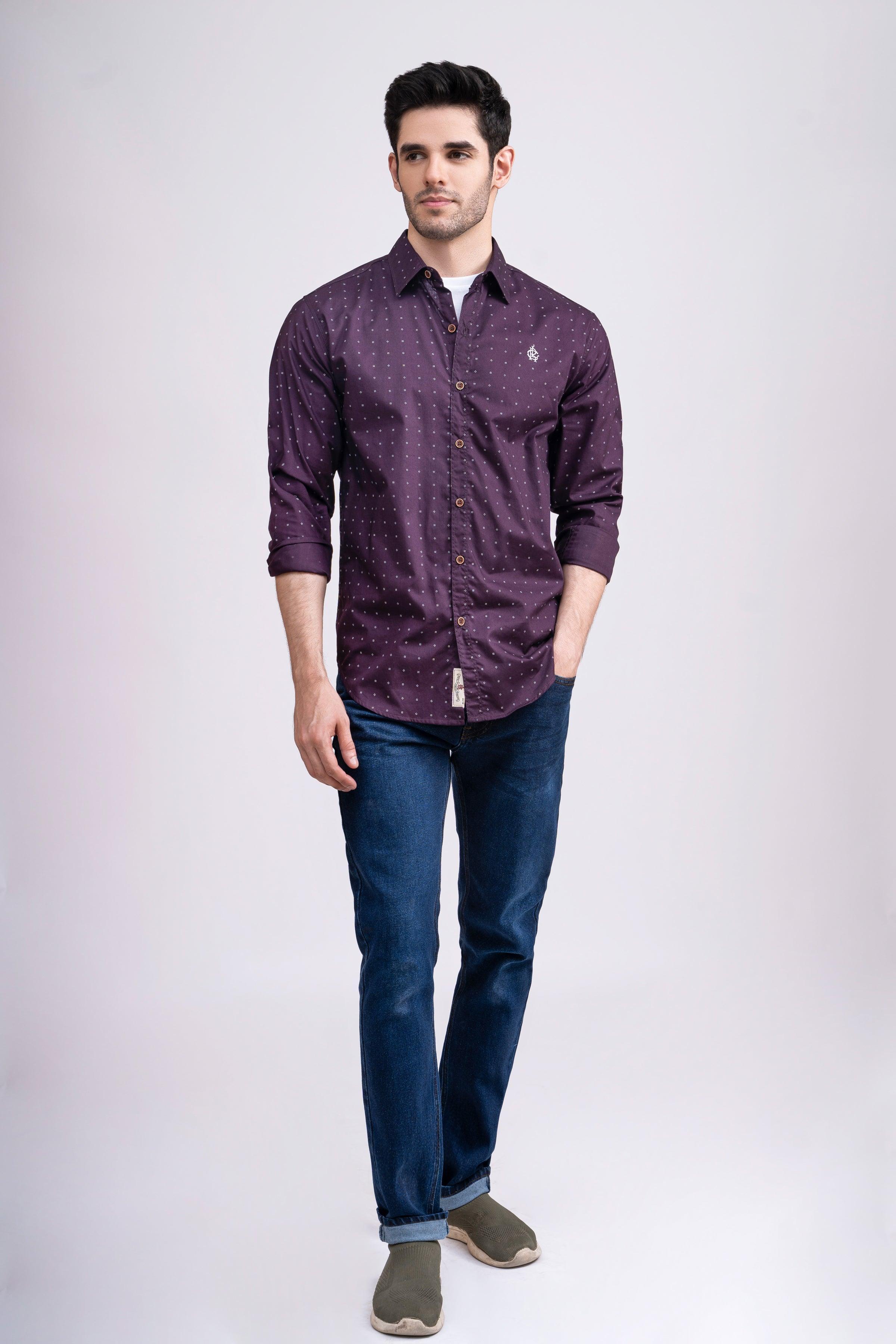 Men's casual full-sleeve maroon button-up shirt with small dotted pattern