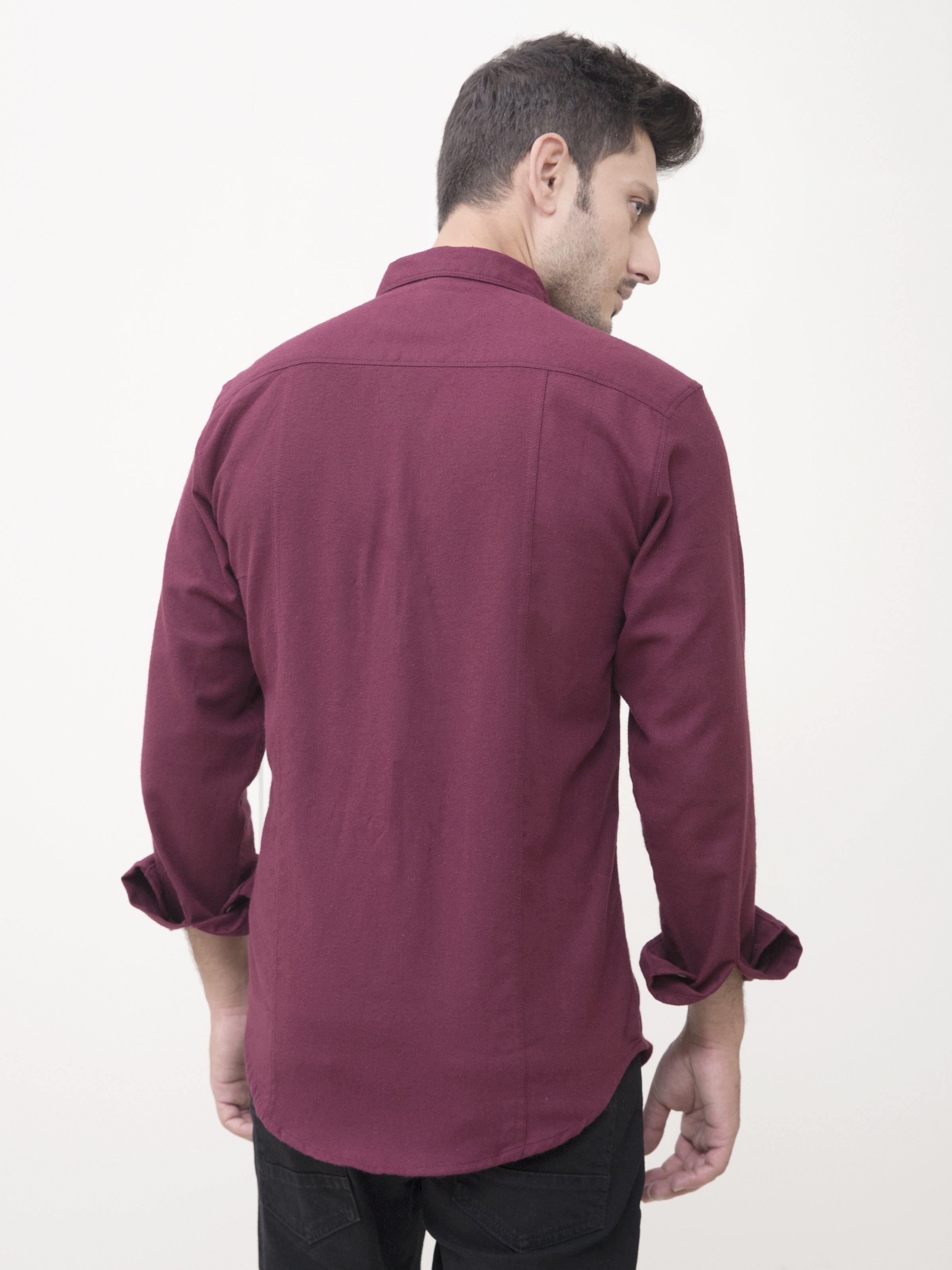 Maroon casual shirt, back view with long sleeves and button placket