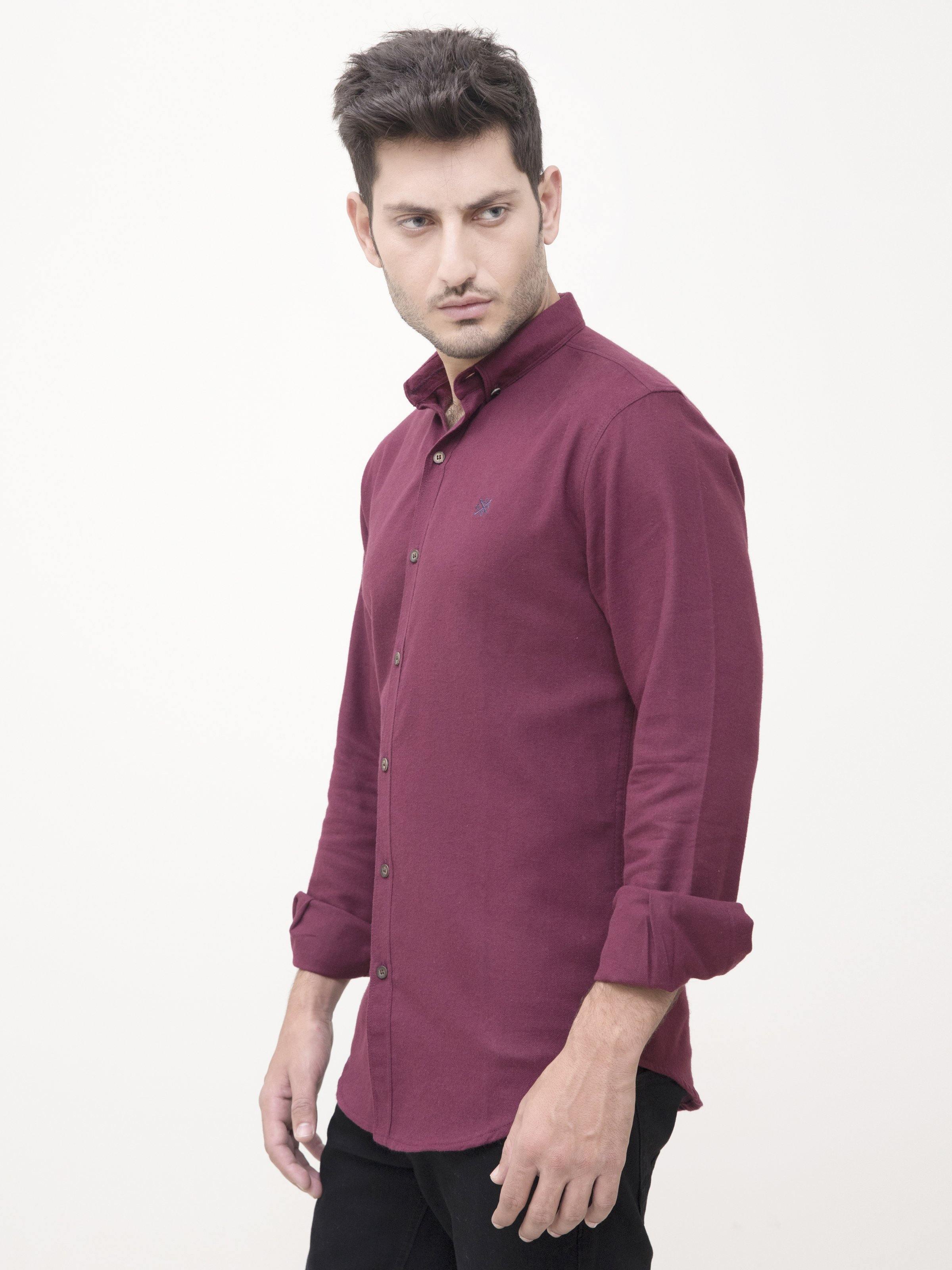 Maroon casual button-up shirt with long sleeves and button front