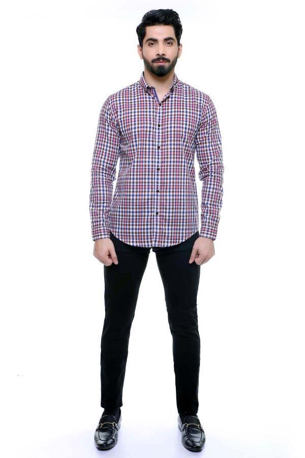 Men's slim-fit long-sleeve checkered casual shirt, button-front, red and navy