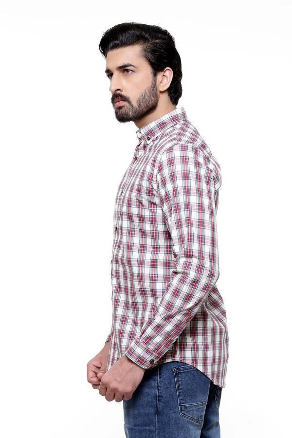Plaid long-sleeve button-up shirt, red and white, slim fit, side view