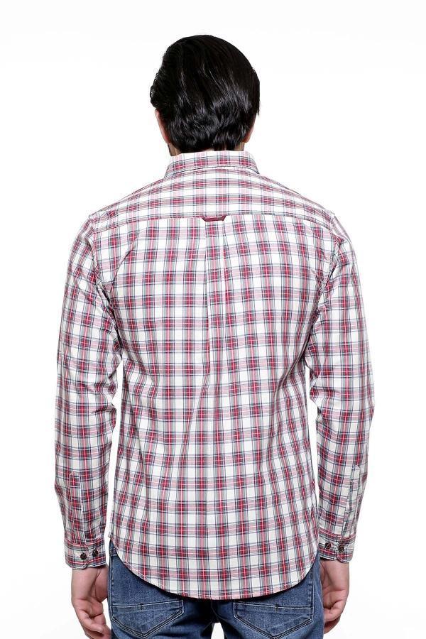 Back view long-sleeve plaid button-up shirt, red and white, slim fit