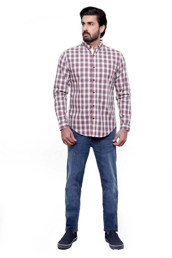 Long-sleeve plaid button-up shirt, red and white, slim fit