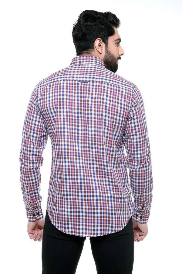 Men's slim-fit long-sleeve checkered casual shirt, button-front, red and navy, rear
