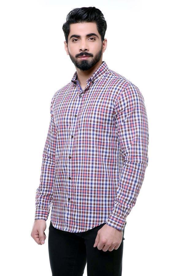 Men's slim-fit checkered casual shirt, long sleeves, button-front, red and navy