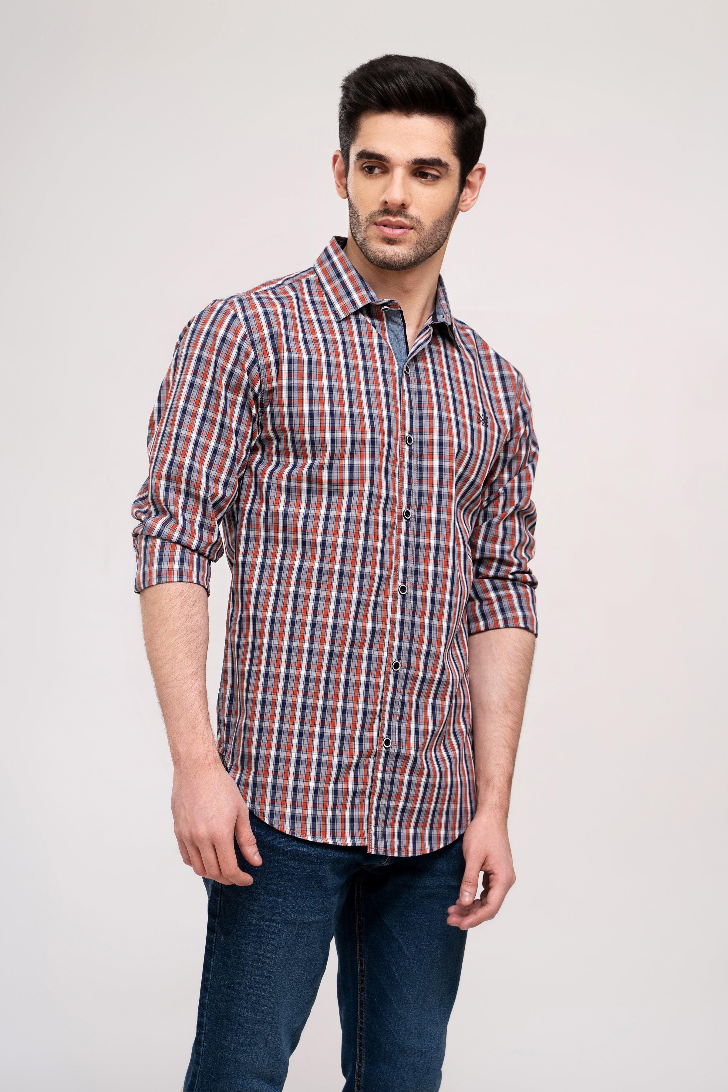 Men's casual plaid button-down shirt with long sleeves in red and blue