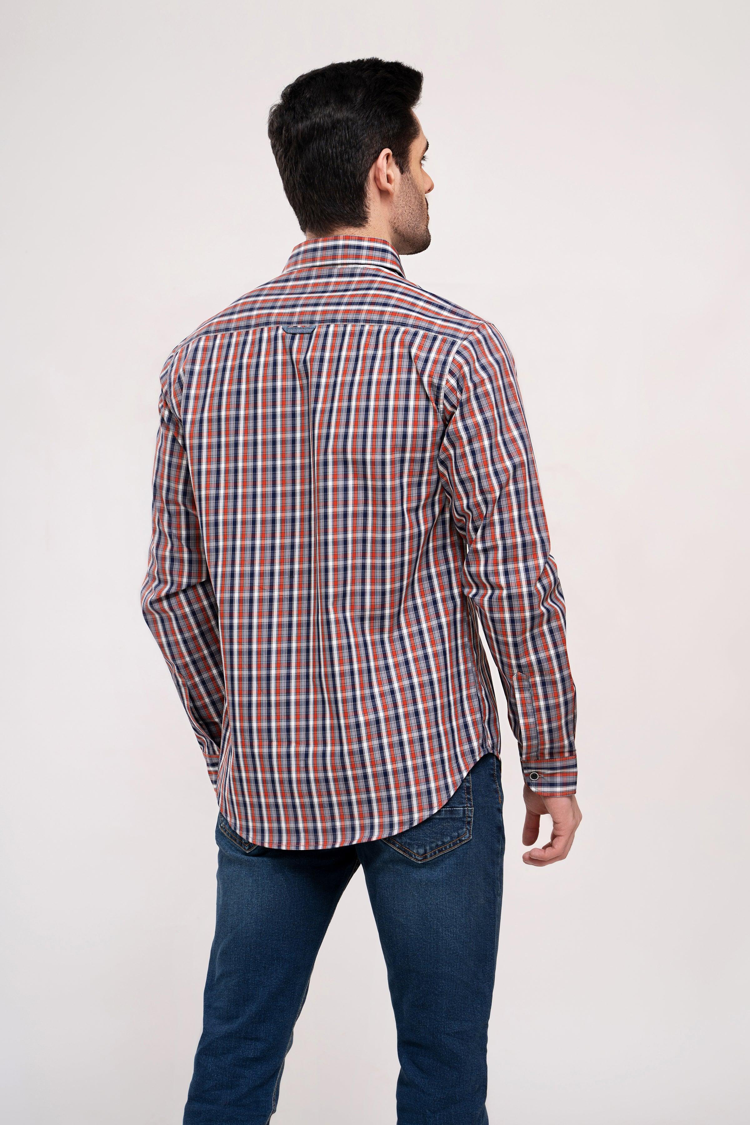 Men's casual plaid button-down shirt with long sleeves, back view