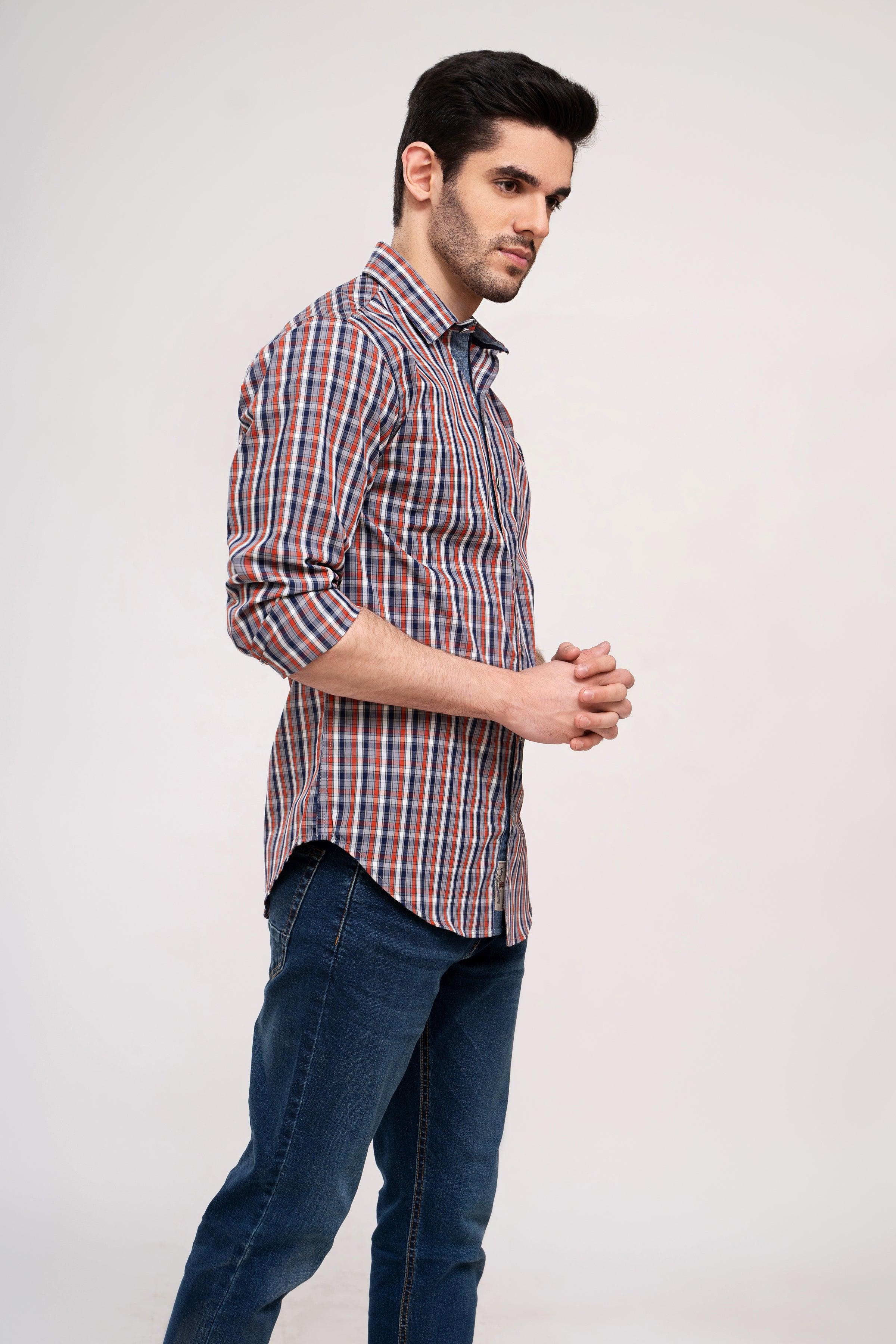 Men's casual plaid button-down shirt with long sleeves, side view