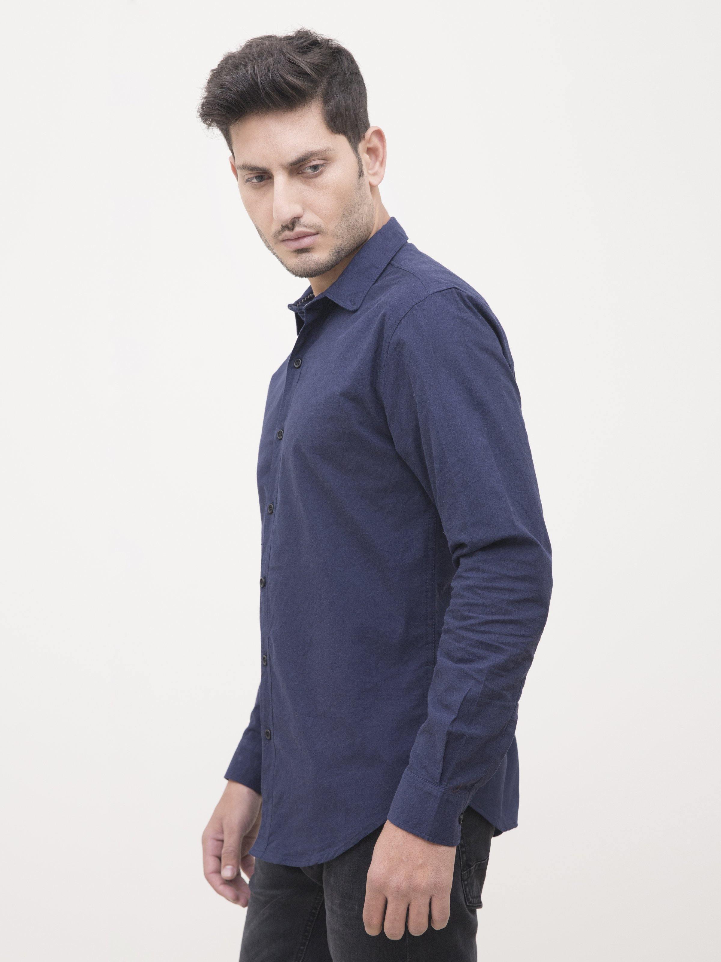 Navy blue casual full-sleeve button-up shirt, side angle
