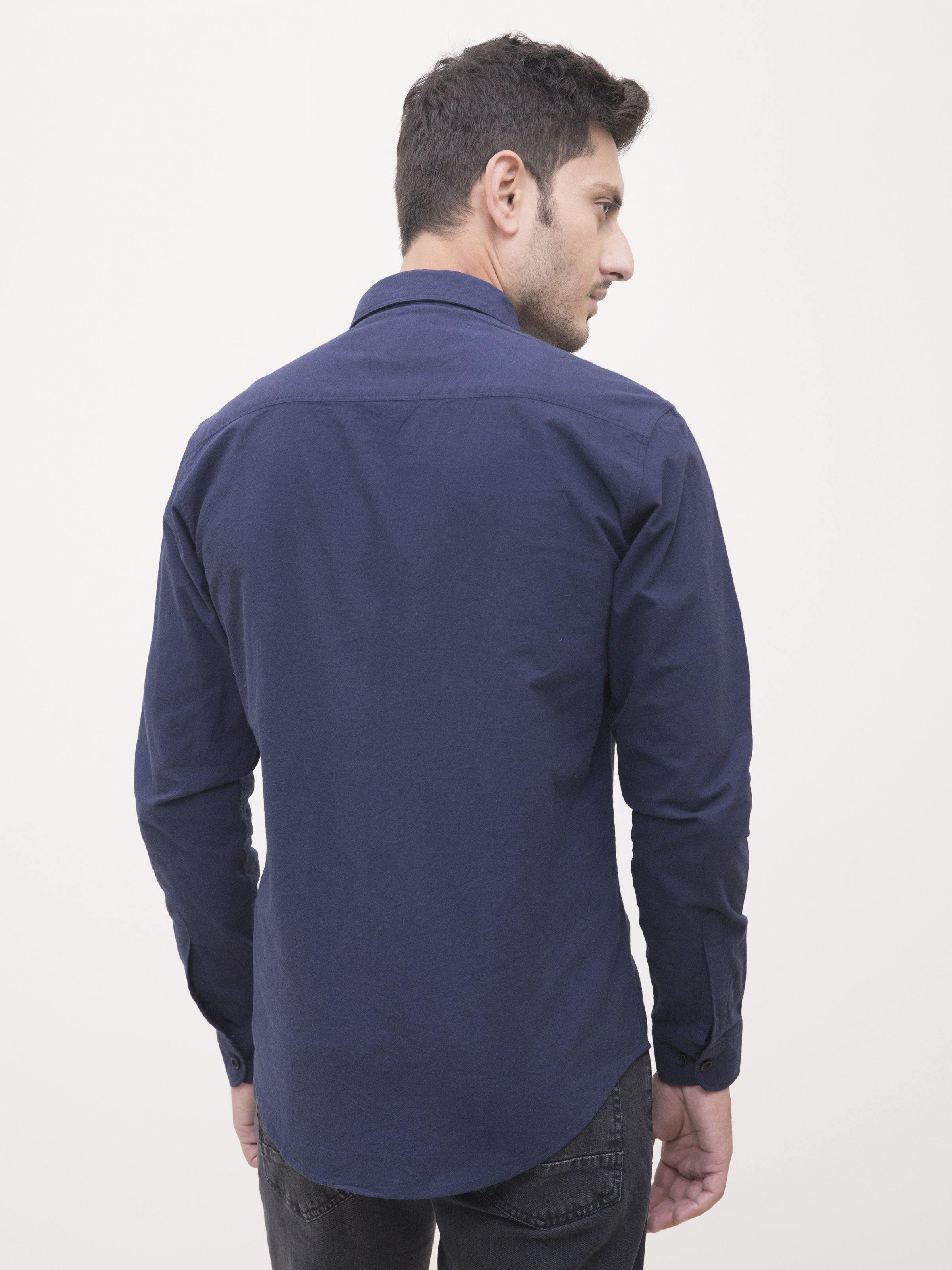 Navy blue casual full-sleeve button-up shirt, back view