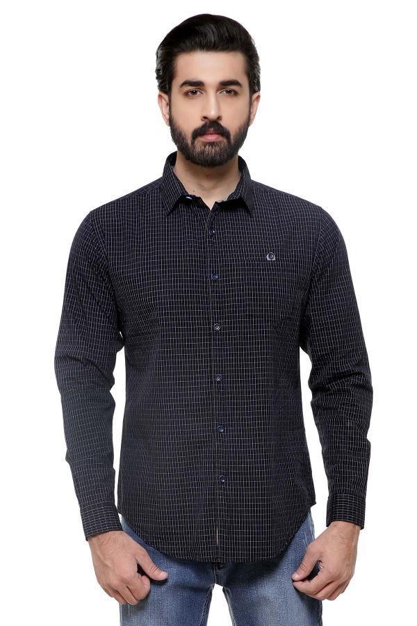 Navy check slim-fit full-sleeve casual shirt with button-down collar
