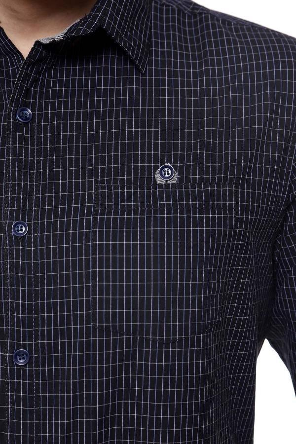 Navy check full-sleeve casual shirt detail with buttons and chest patch pocket