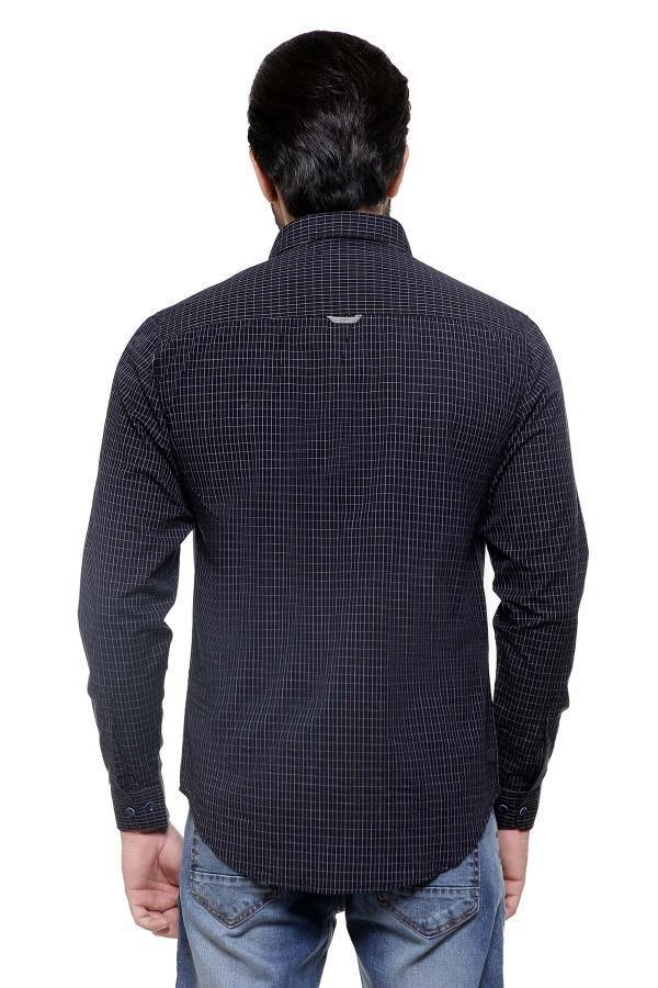 Navy check slim-fit full-sleeve casual shirt, back view with yoke seam