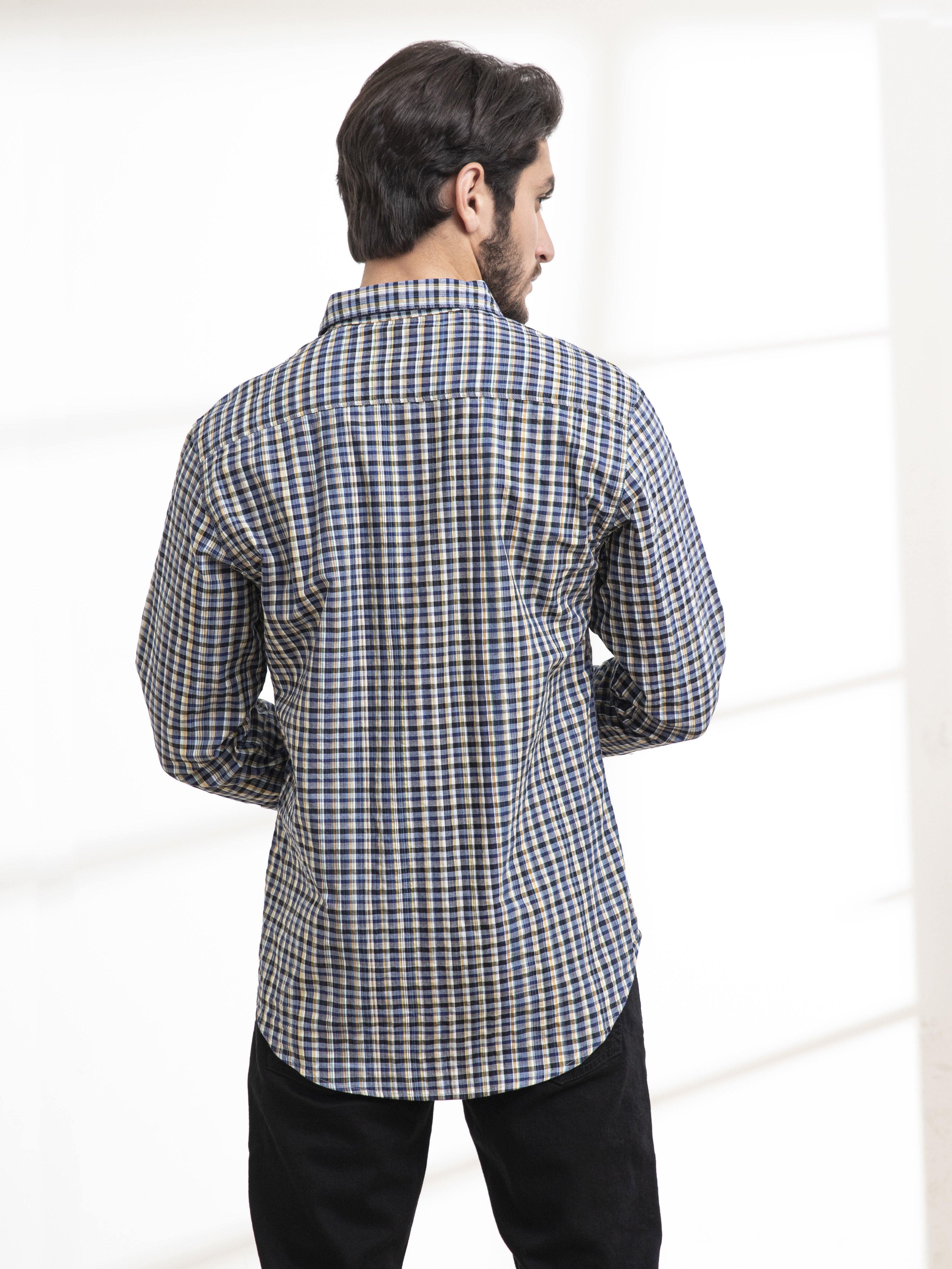 Men's navy-and-white check full-sleeve shirt, back view, button front.