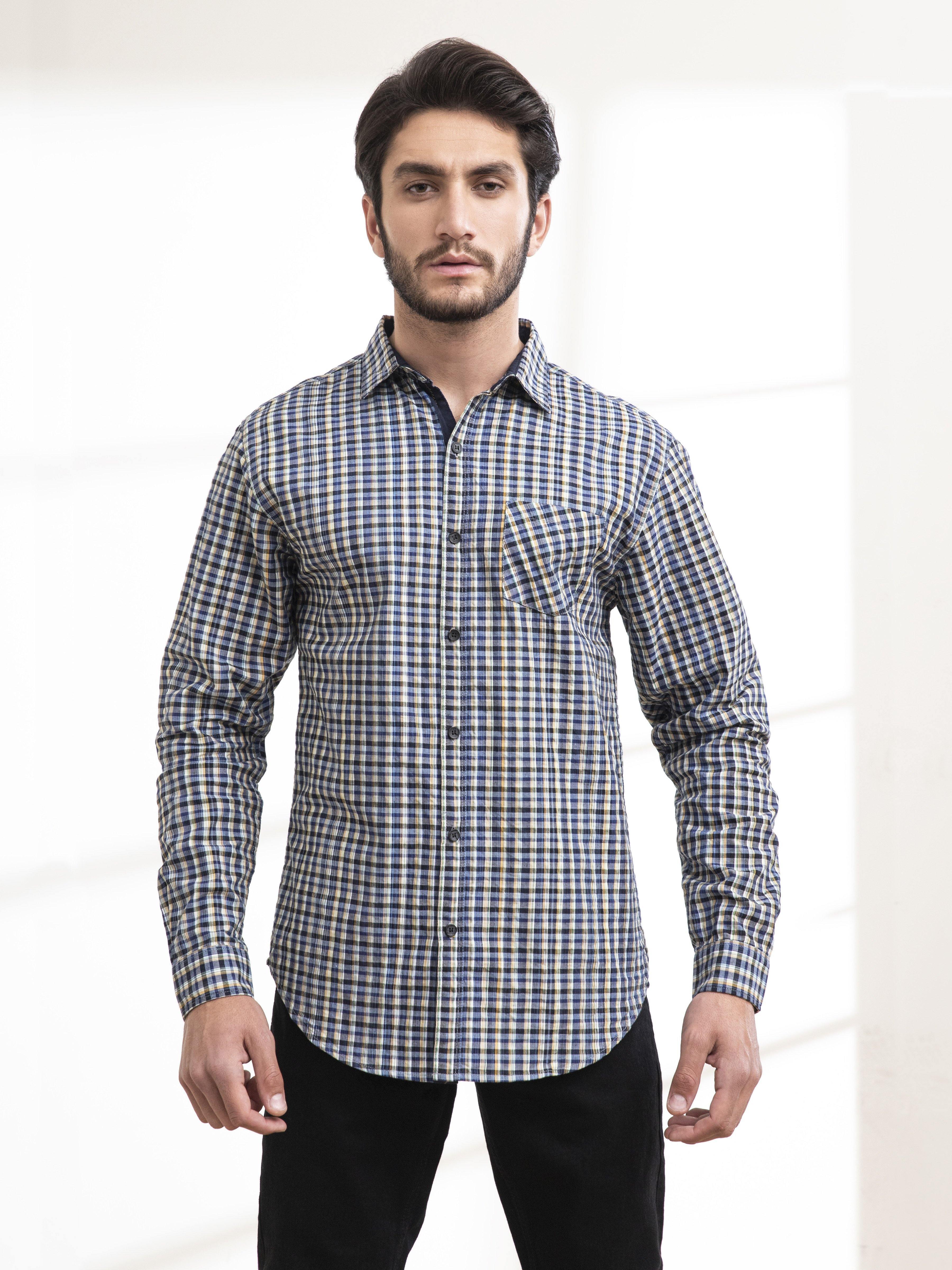 Men's navy-and-white check full-sleeve shirt with button front and chest pocket.