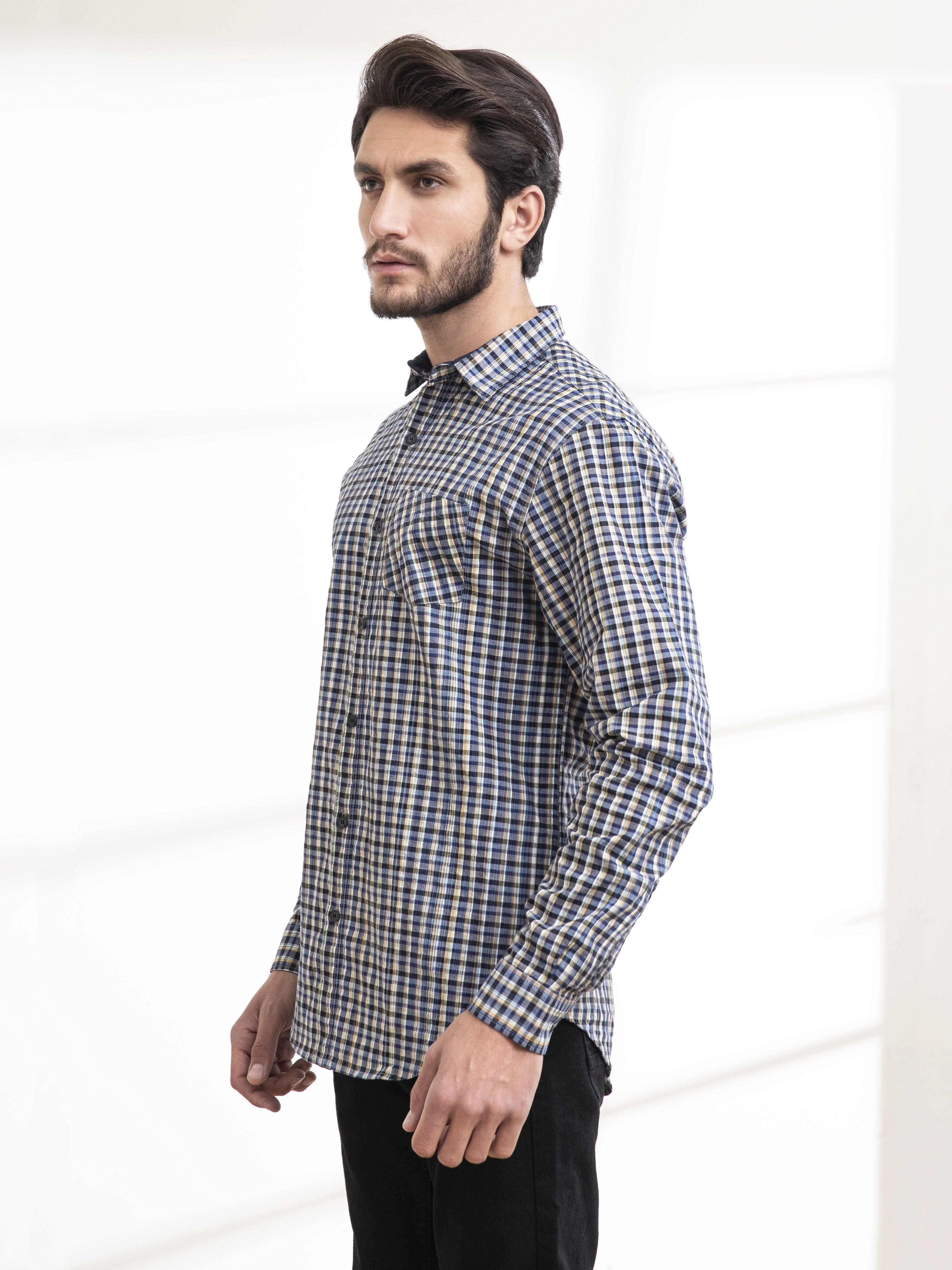 Men's navy-and-white check casual shirt, full sleeves, button front.
