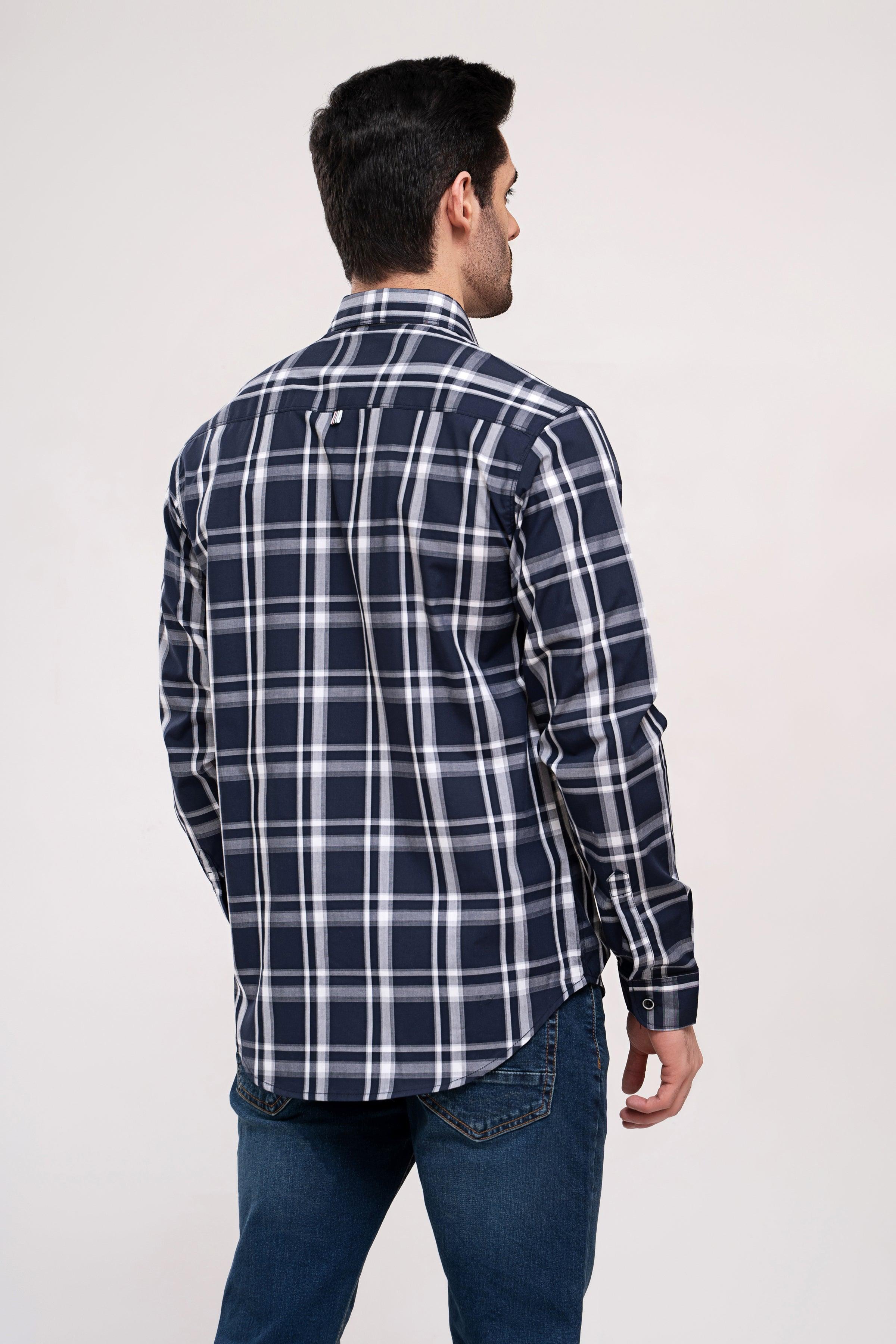 Navy and gray plaid button-up shirt with long sleeves, back view