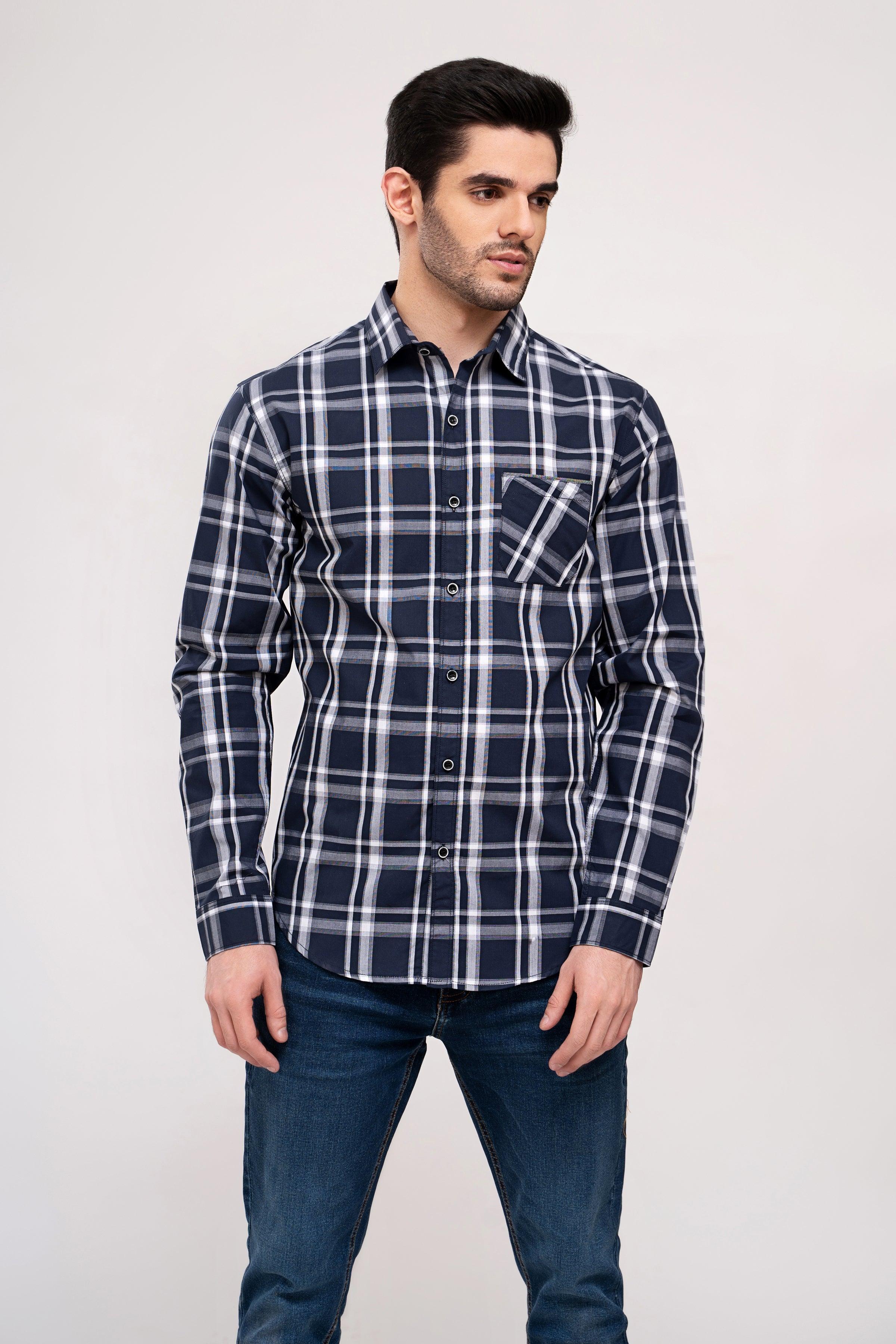 Navy and gray plaid long-sleeve button-up shirt with collar and front buttons