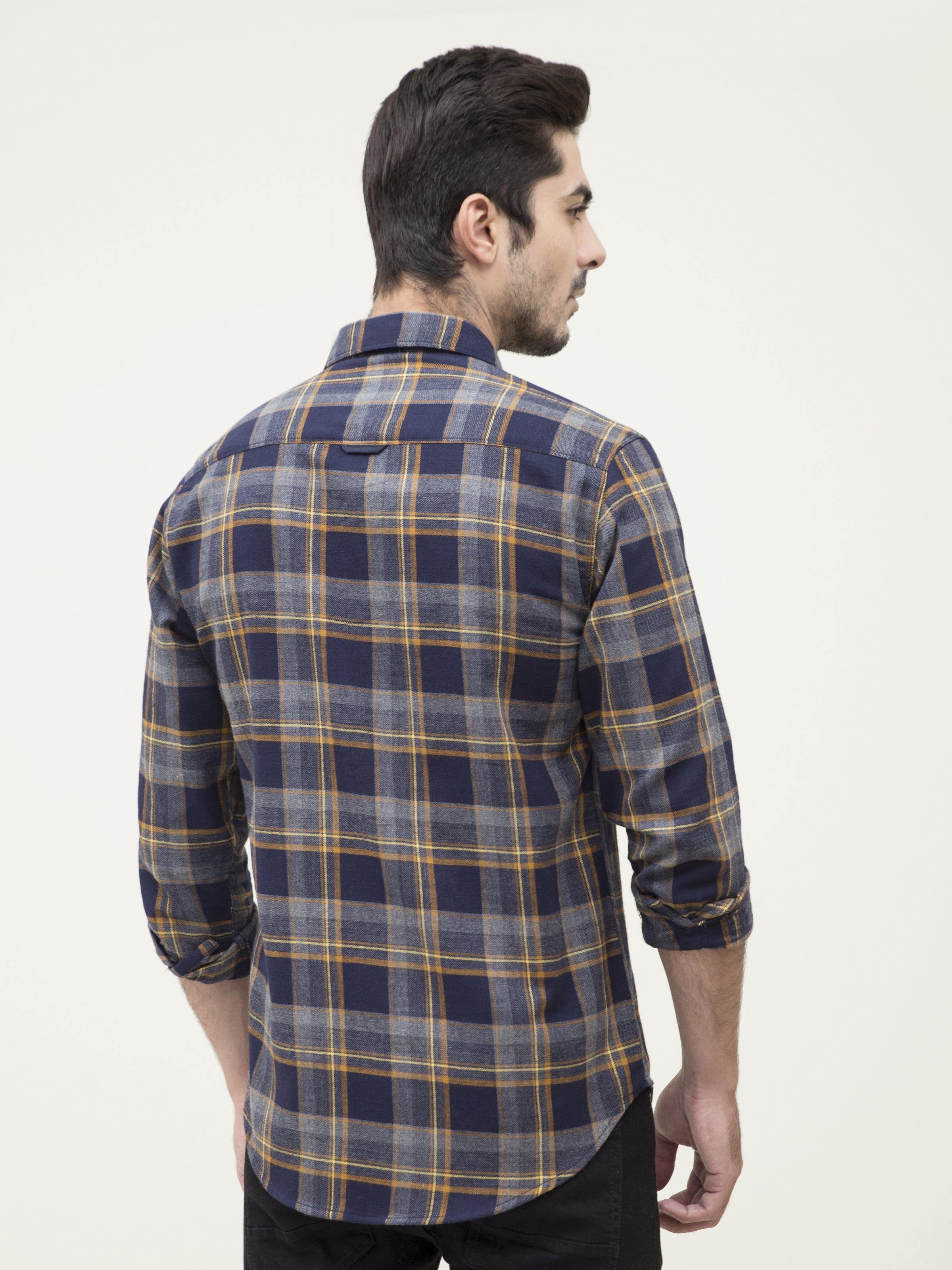 Men's full-sleeve plaid shirt, back view with curved hem and button placket
